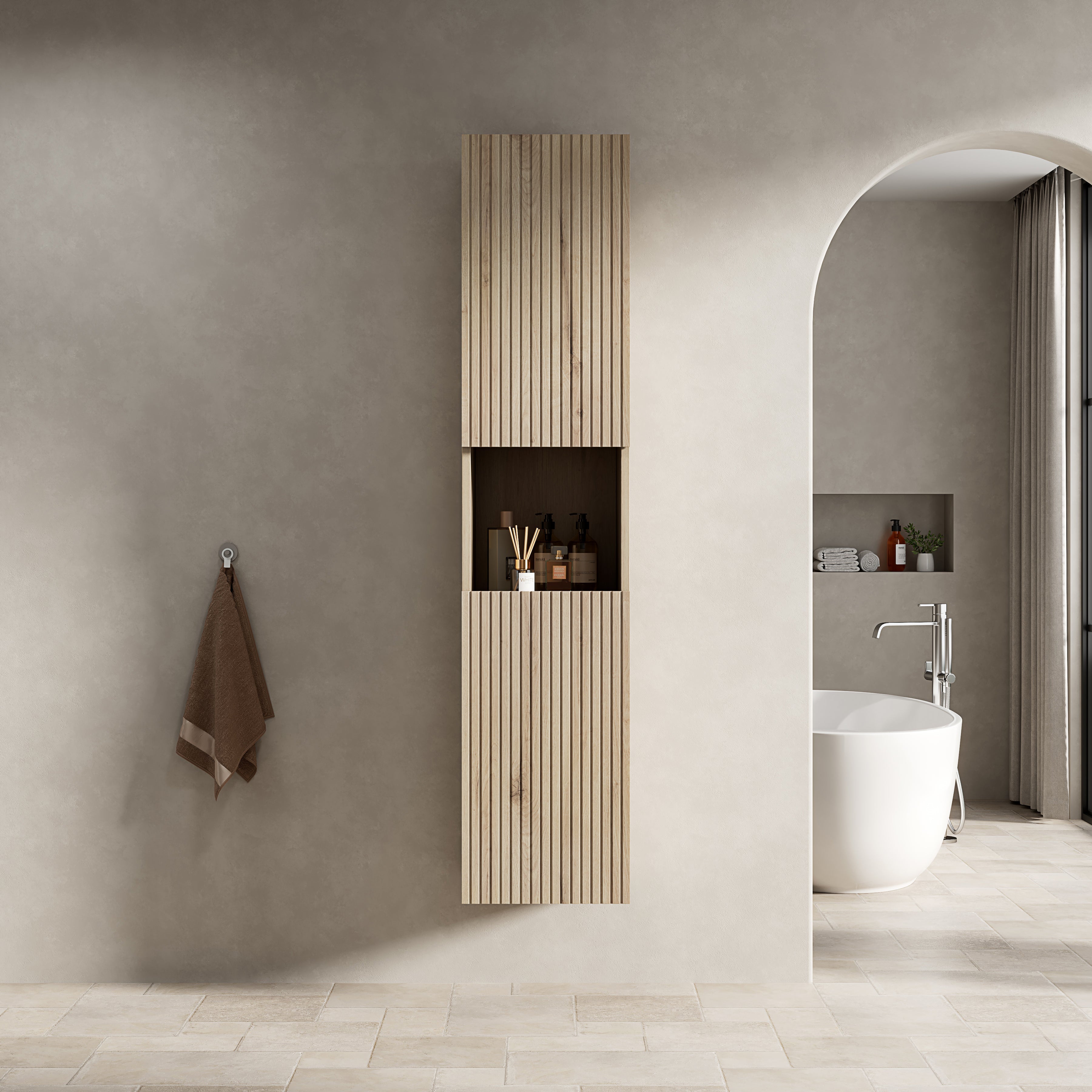 Logidon 160 cm hoge badkamerwandkast 2 deuren wit eiken look