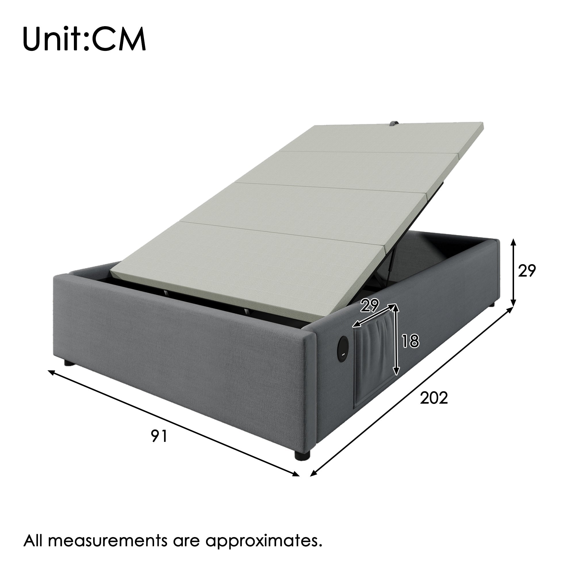 Logidon gestoffeerd bed 90x200 cm grijs met USB-C oplaadfunctie zonder hoofdeinde