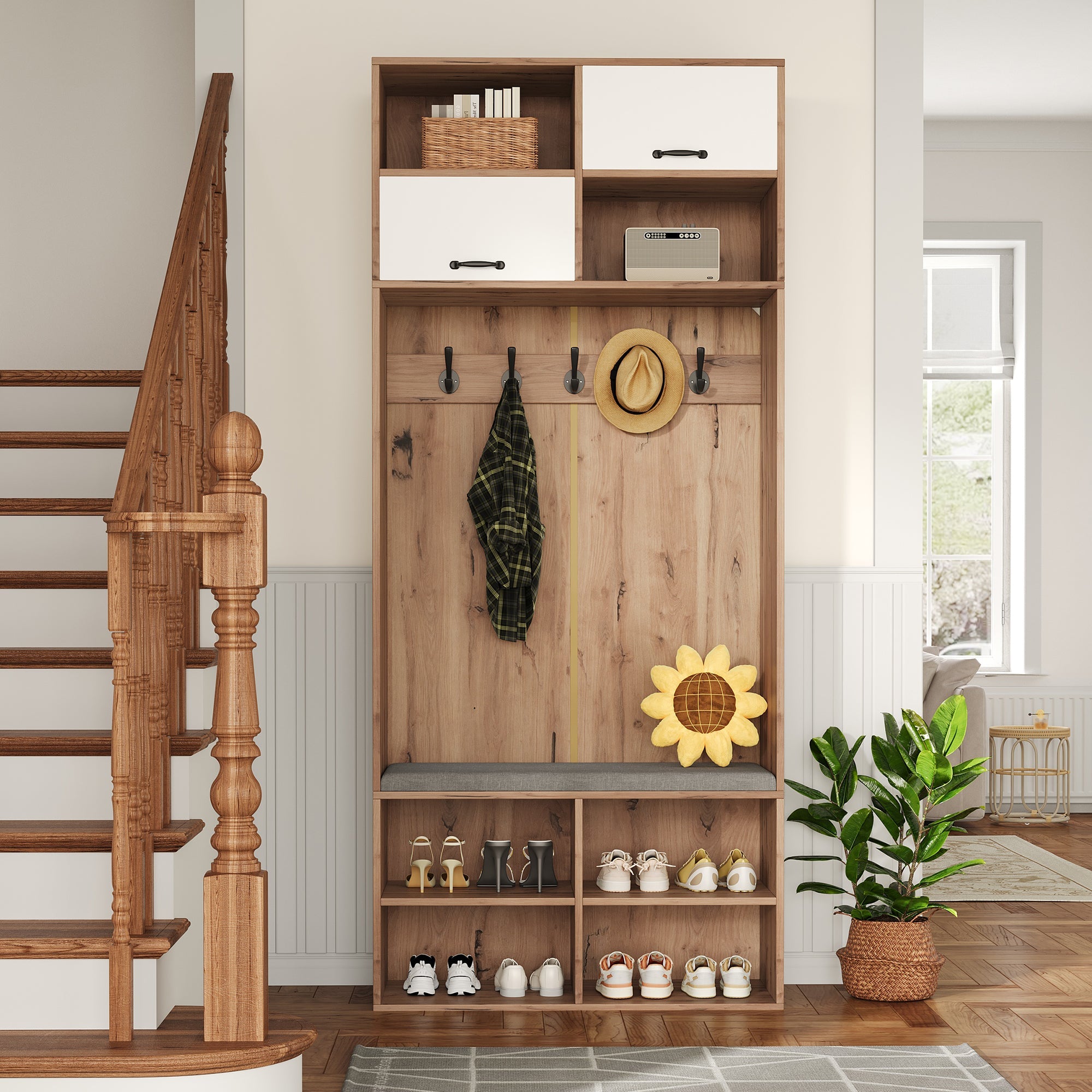 Logidon garderobekast met bank en 5 haken naturel wit 80x35x185cm