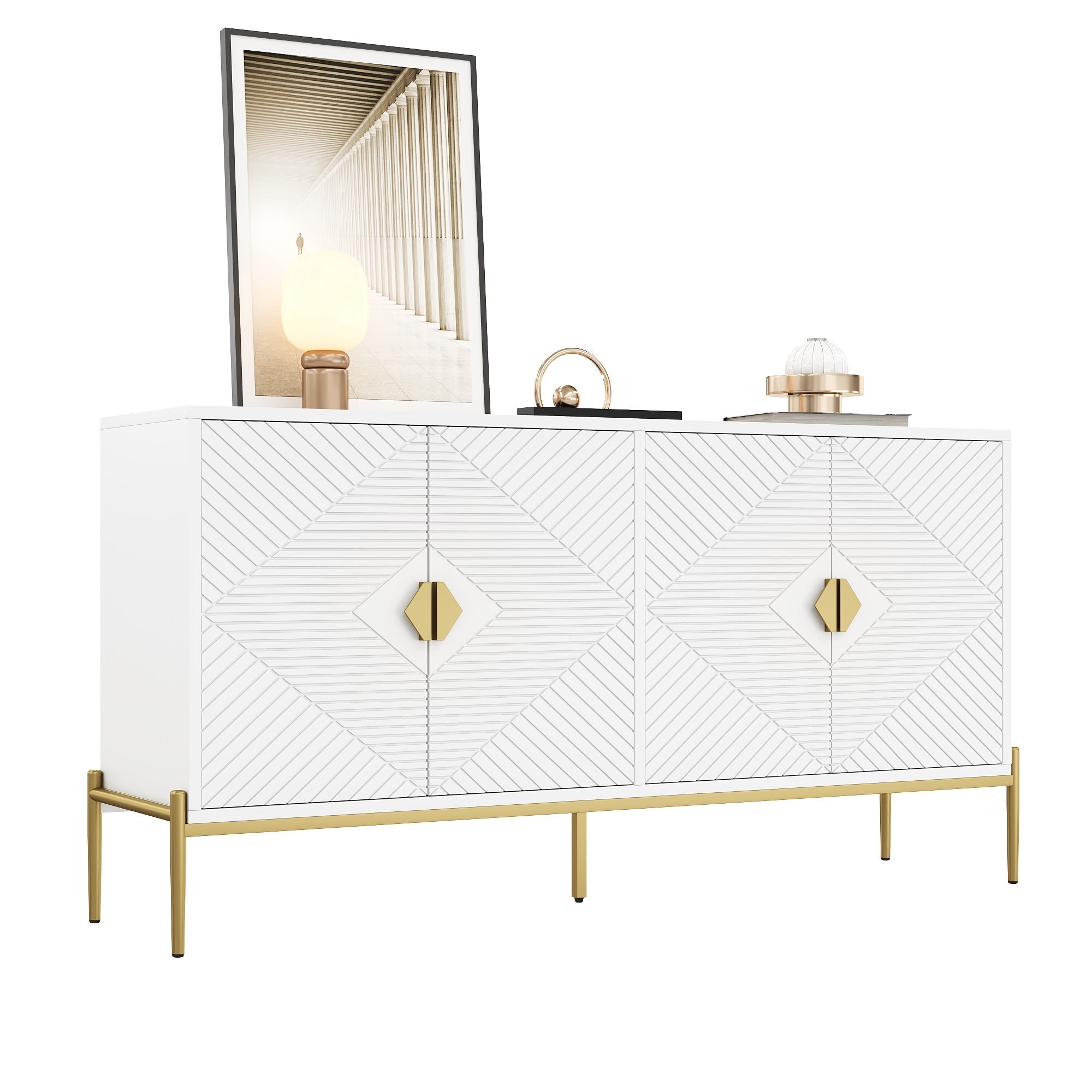 Logidon Modern dressoir wit met gouden details, 4 deuren, 162x40x80