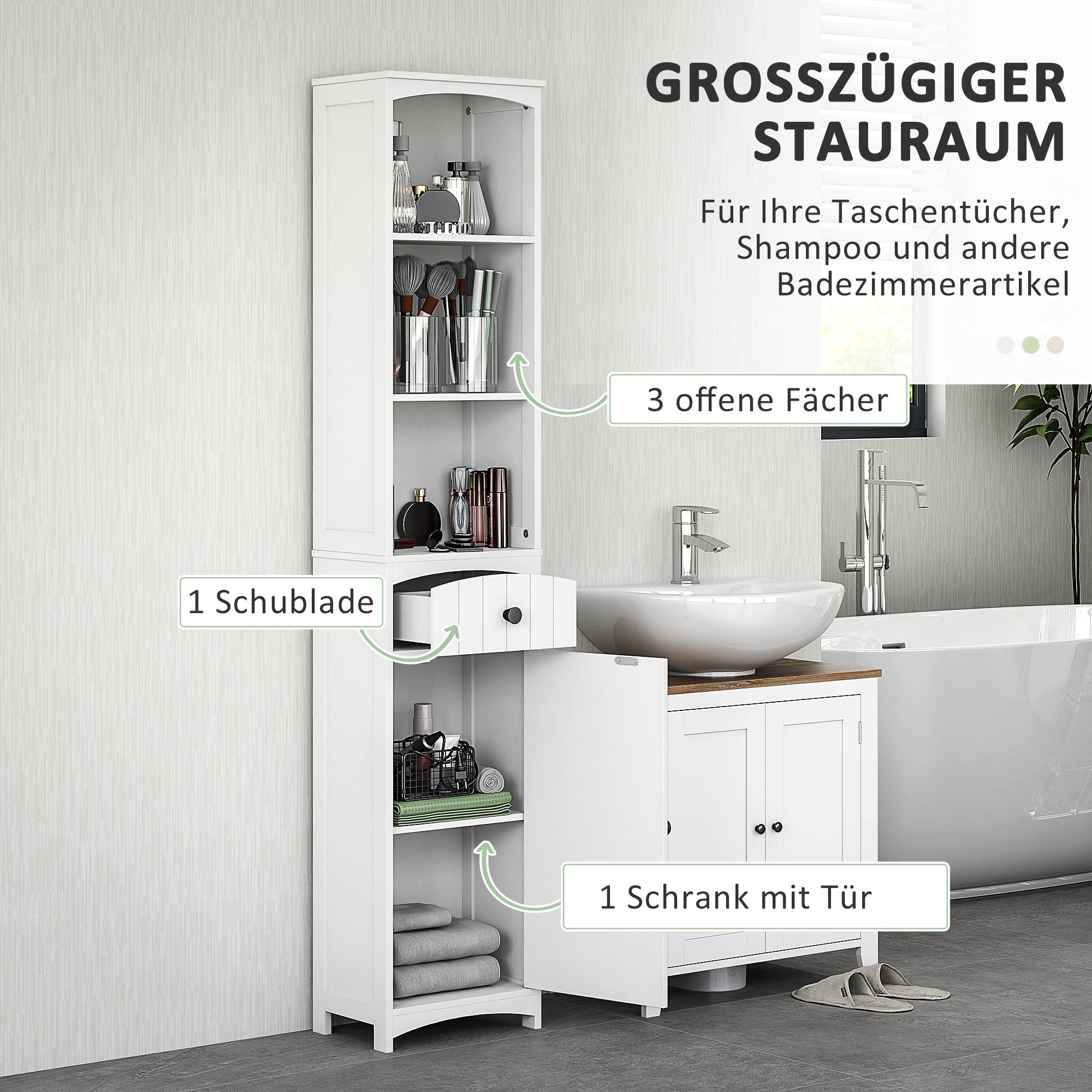 Logidon tall bathroom cabinet white 3 shelves, 1 drawer 34x24x170.5 cm