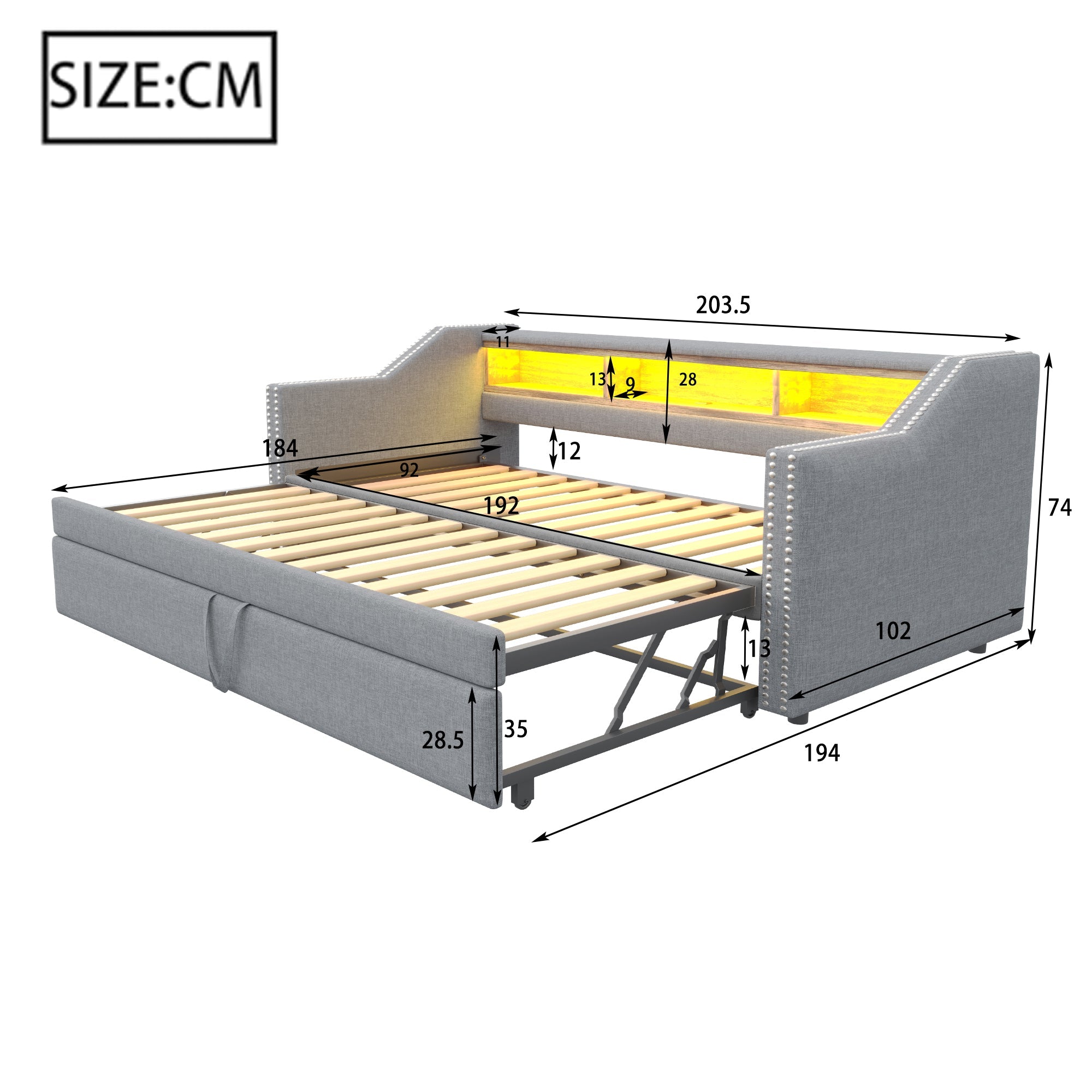 Logidon upholstered bed pull-out sofa bed 90/180 x 190 cm light gray storage compartment