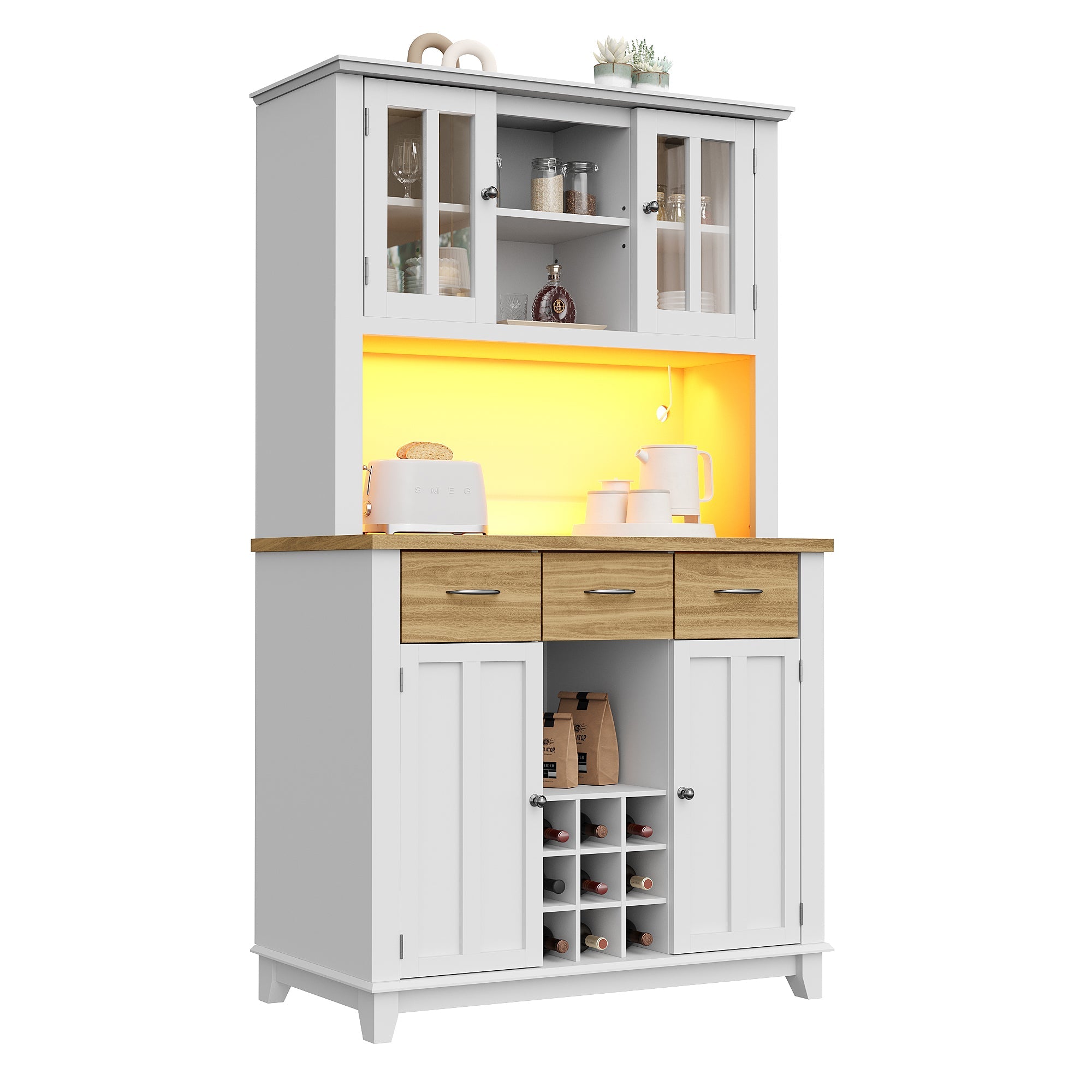 Logidon keukenkast vitrinekast 106x40x179cm met LED licht naturel wit