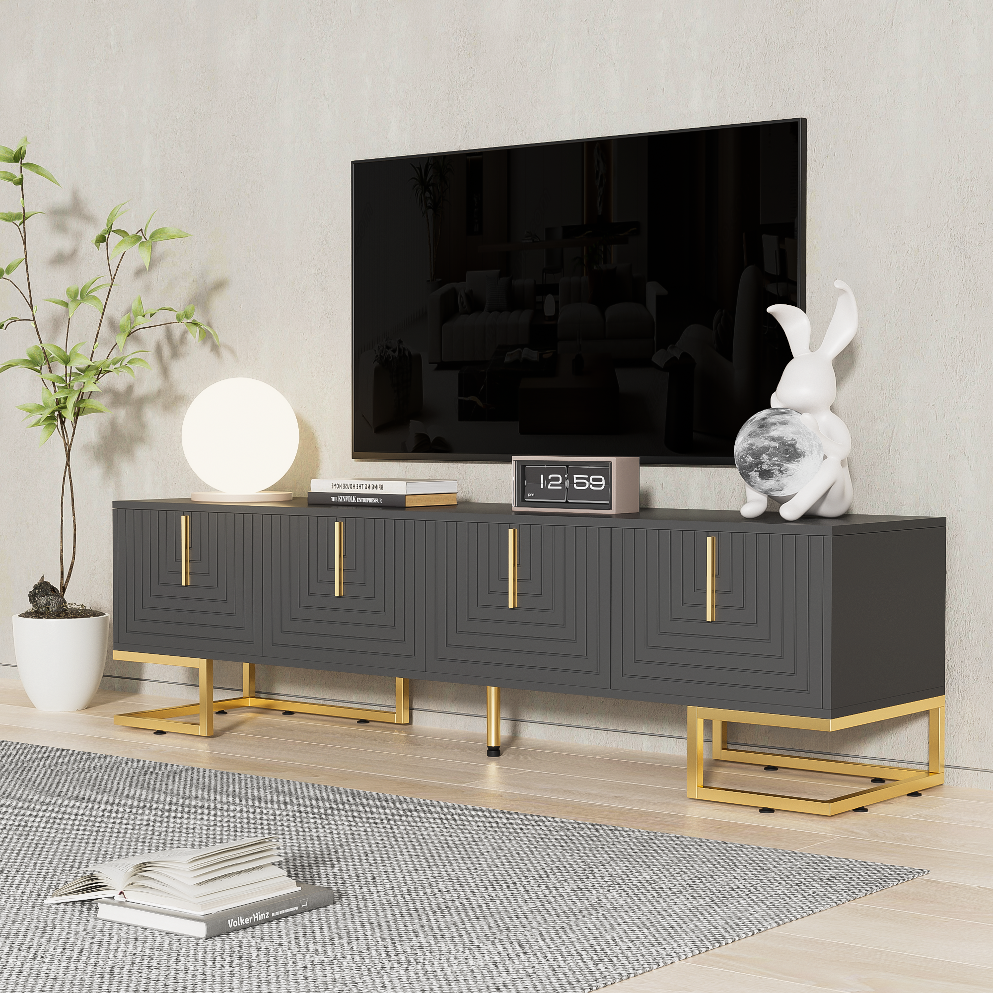 Logidon TV-meubel 170 cm Grijs Zwart met Gouden Accenten en Lades