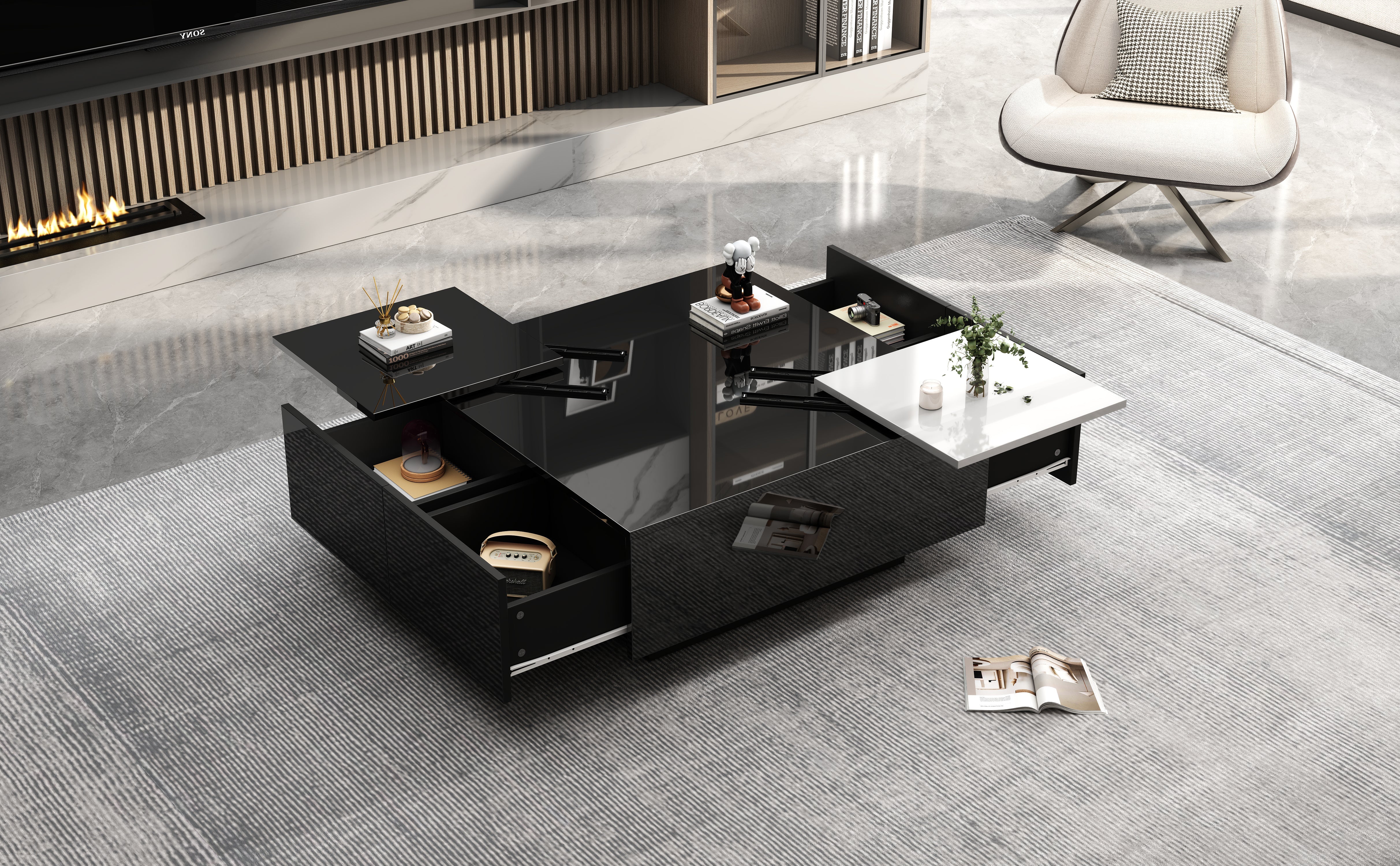 Logidon Hoogglans Salontafel Zwart Wit 75x75 Cm Met 4 Laden