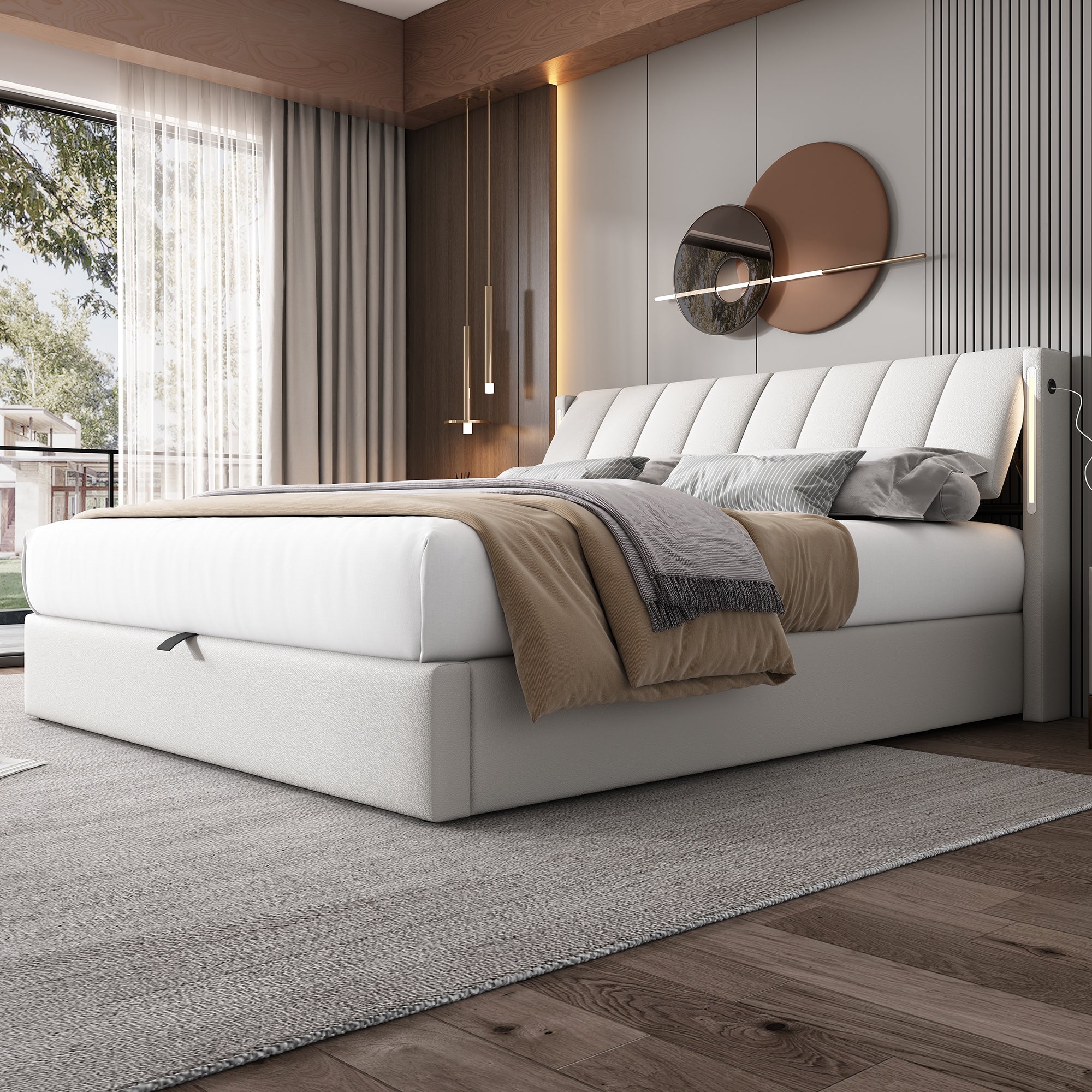 Logidon Binaural LED gestoffeerd bed 160 x 200 cm wit met opbergruimte