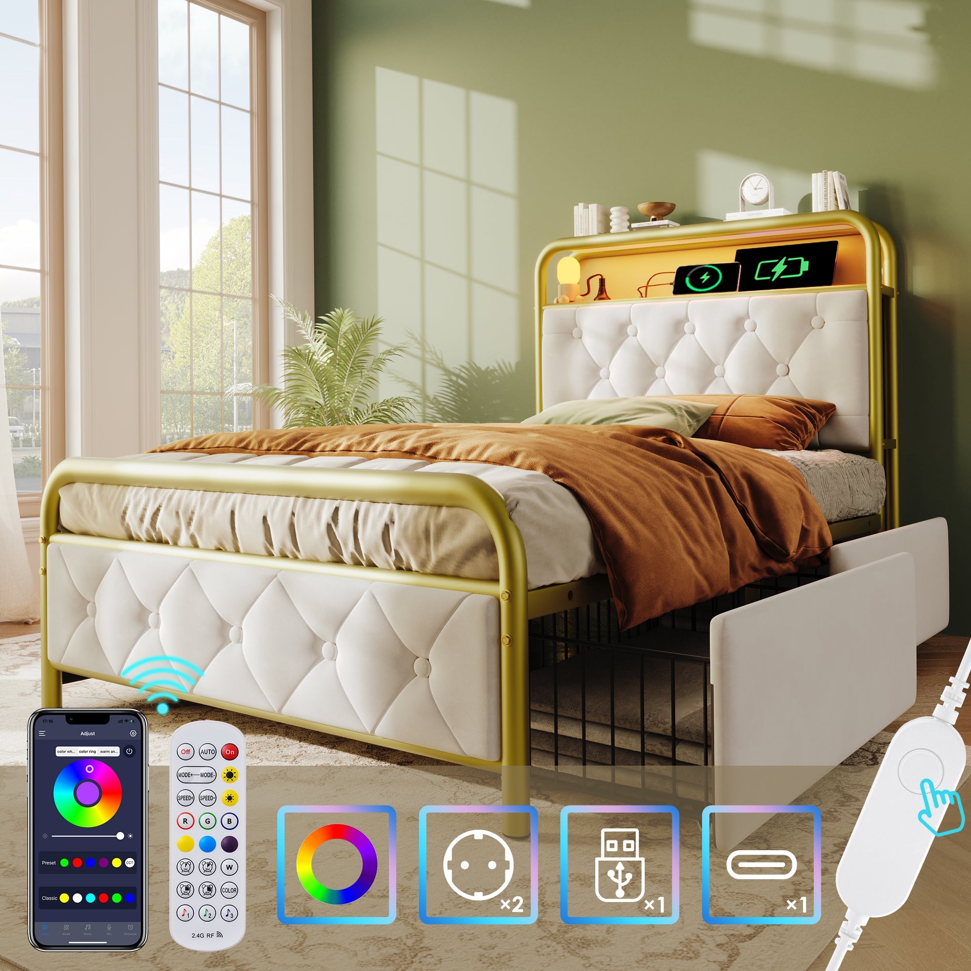 Logidon upholstered bed 90x200 USB C charging function LED white velvet drawers