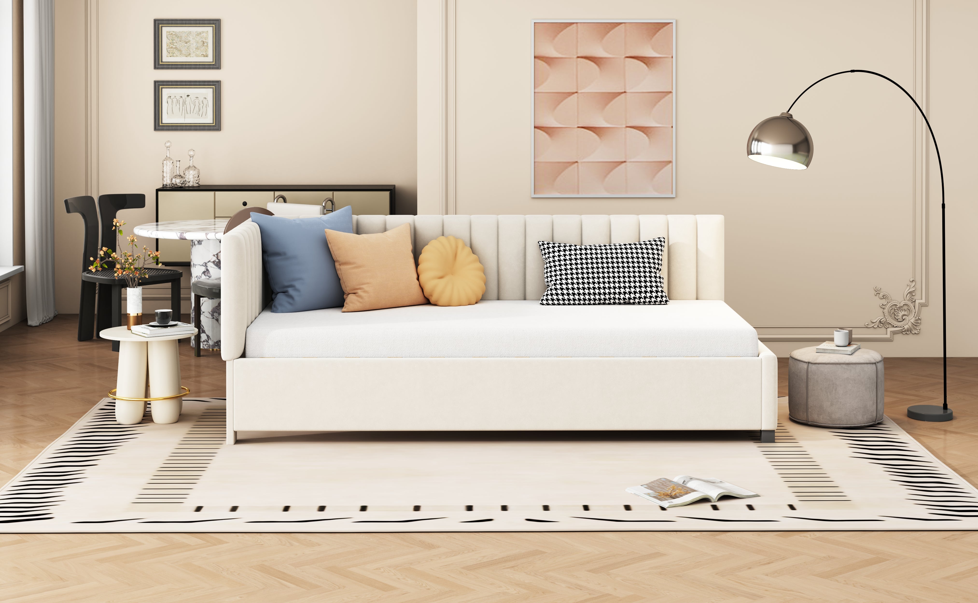 Logidon upholstered bed 90x200 multifunctional bed with slatted frame beige velvet