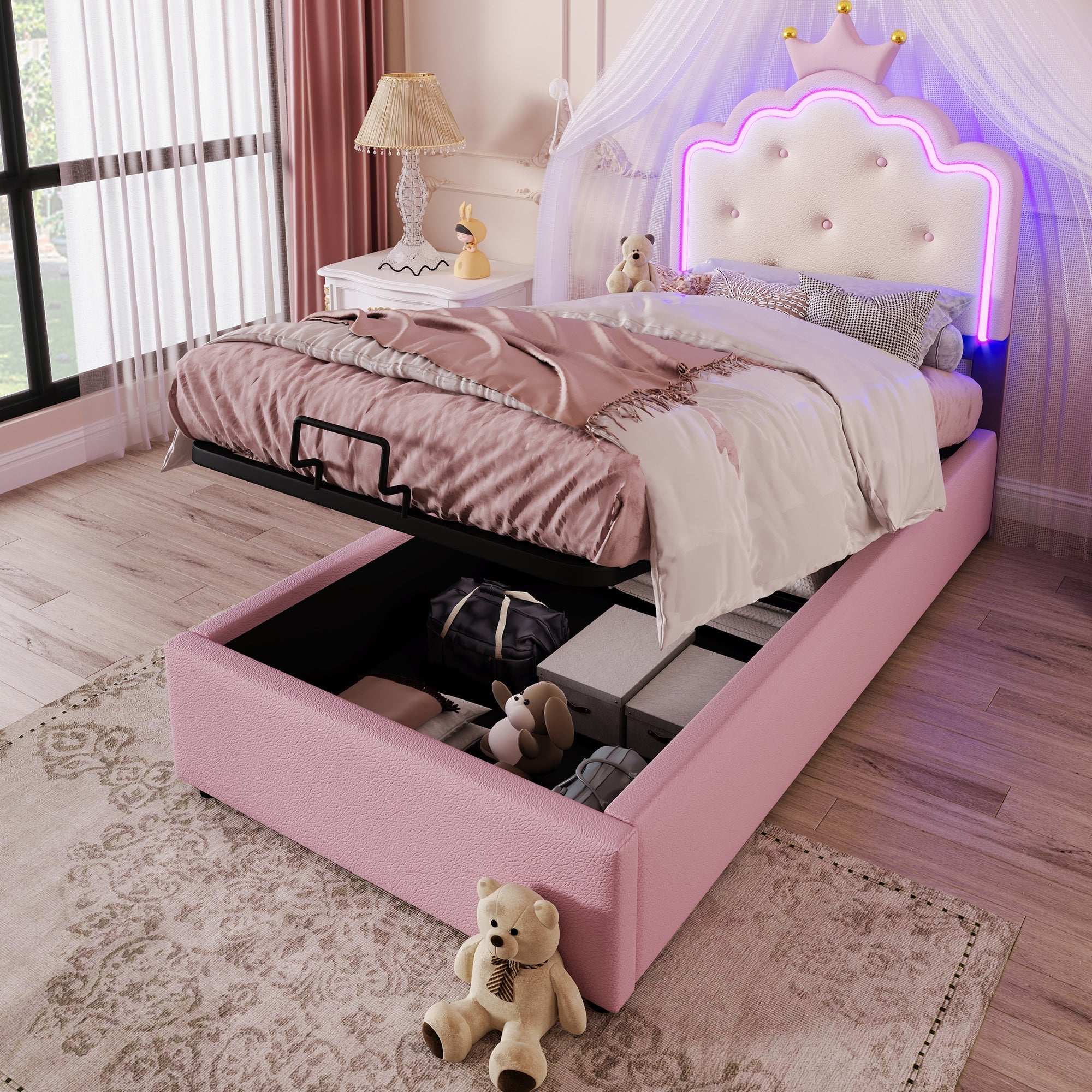 Logidon gestoffeerd bed 90x200 roze met sfeerlicht en opbergruimte