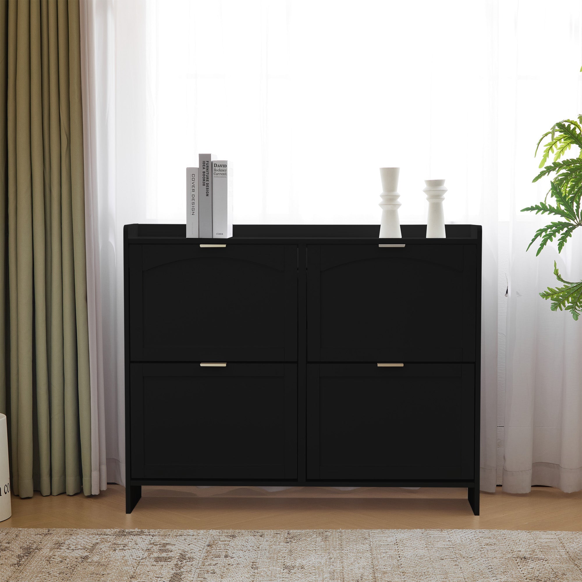 Logidon Moderne Schoenenkast Met 4 Kleppen Zwart 110 x 24 x 90 cm