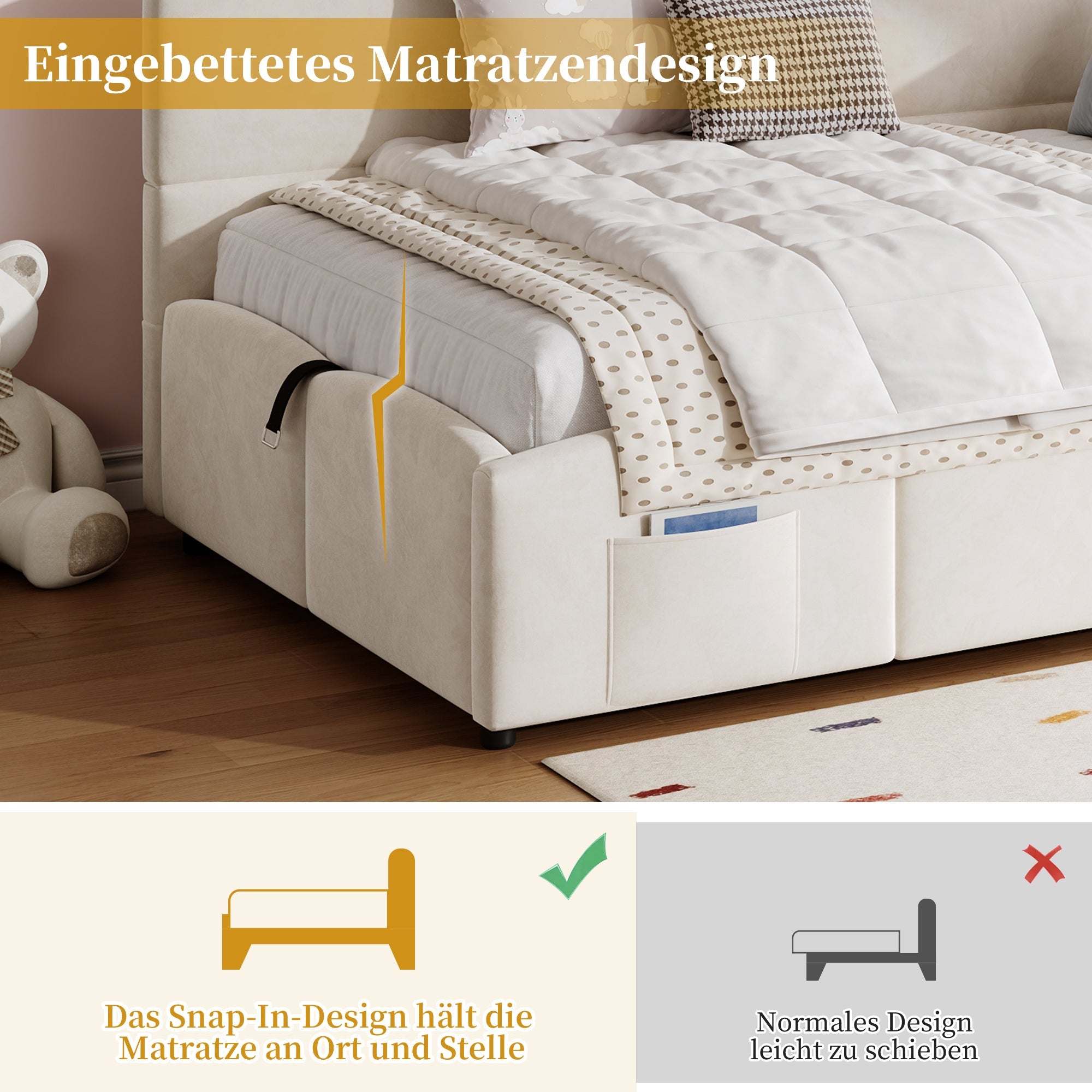 Logidon gestoffeerd bed 90x200 beige fluweel met opbergruimte