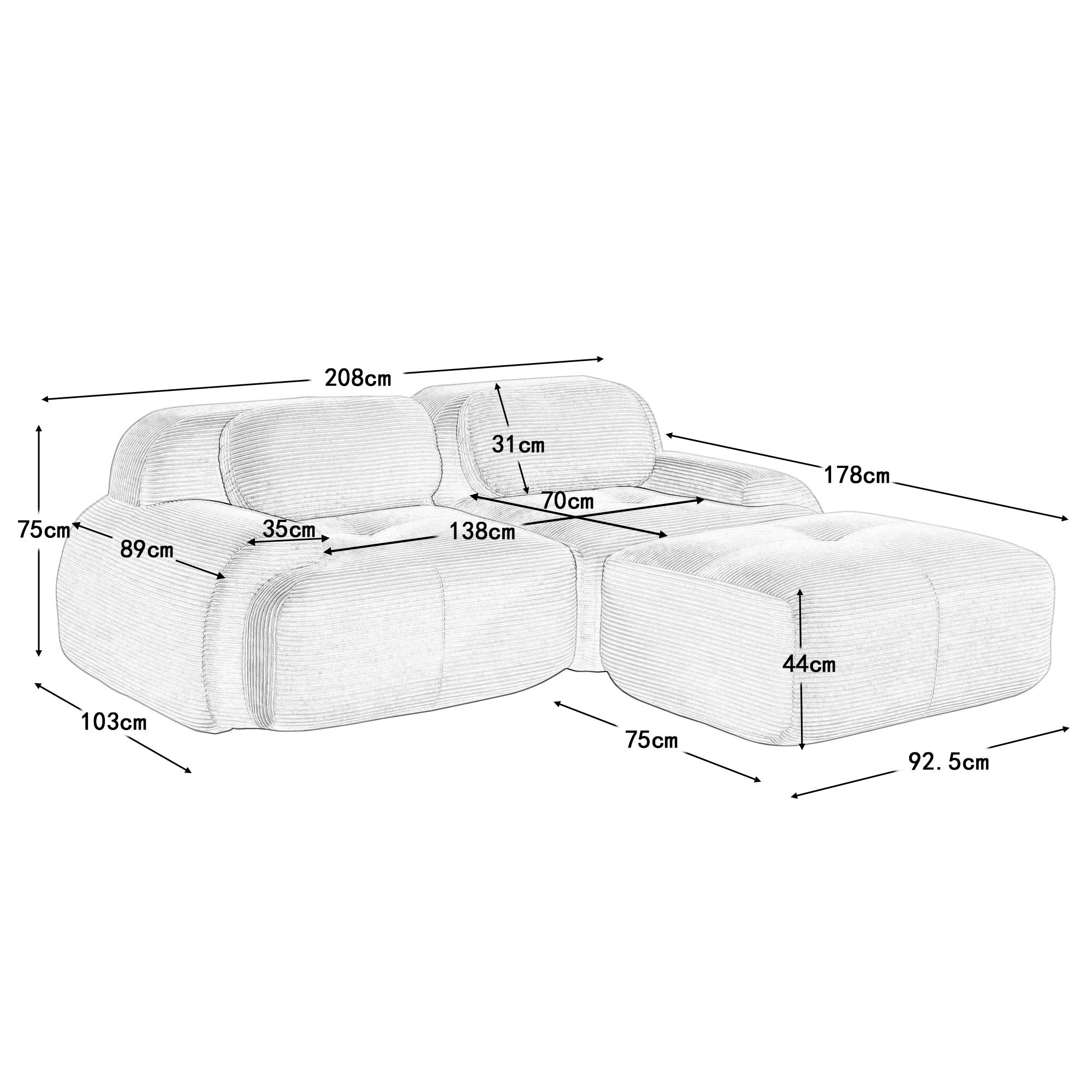 Logidon Hoekbank 208 cm Grijs Corduroy Modulaire Gebogen Armleuningen