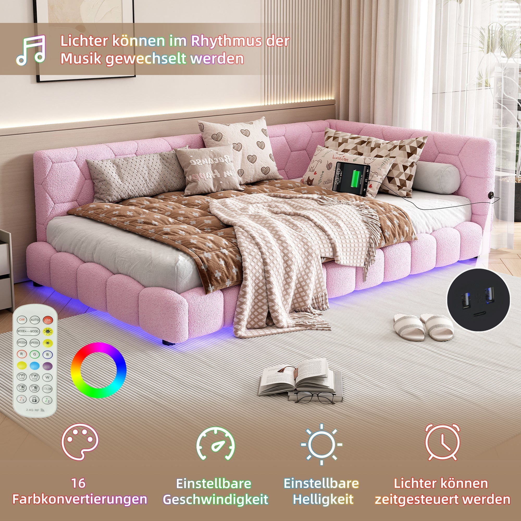 Logidon Daybed 90x200 roze slaapbank met USB TypeC lichte kleuren