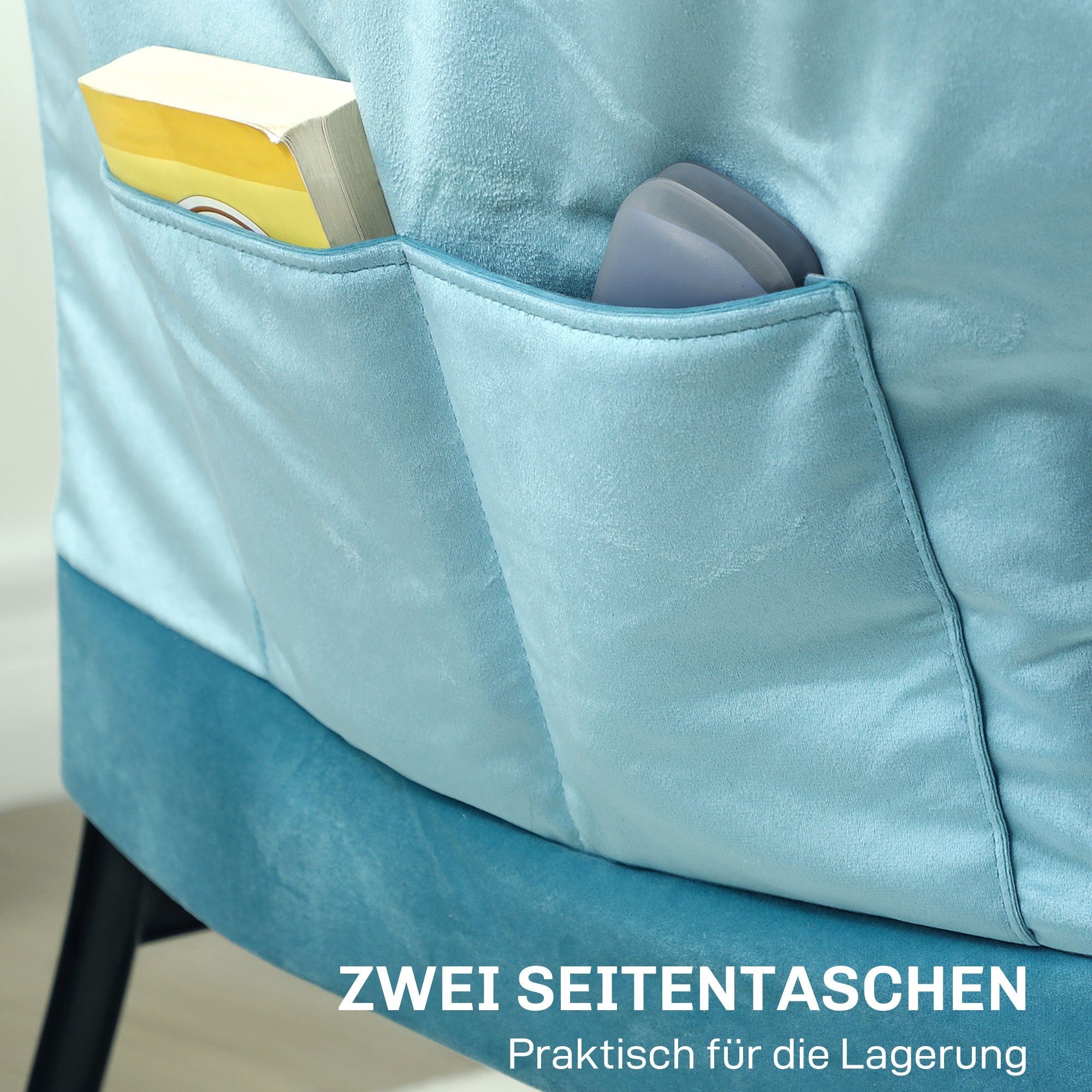 Logidon loungestoel blauw fluweellook met zijvak stalen poten