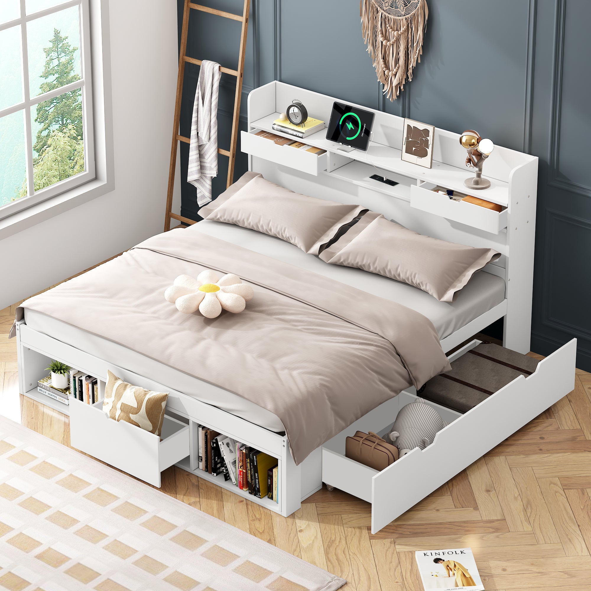 Logidon bed 135x190 cm met USB oplaadpunt en opbergruimte wit