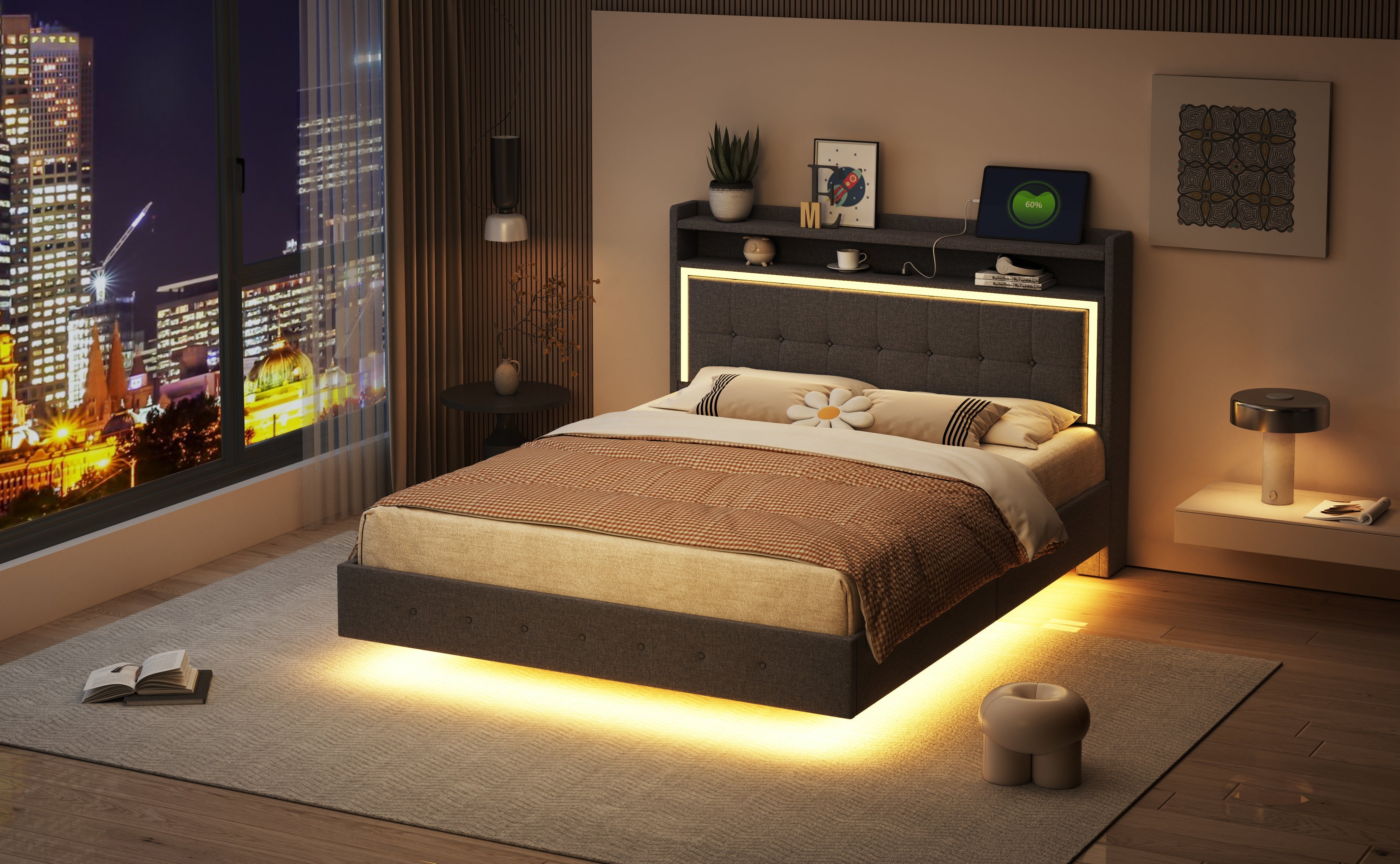 Logidon gestoffeerd bed 140x200 grijs met USB LED verlichting