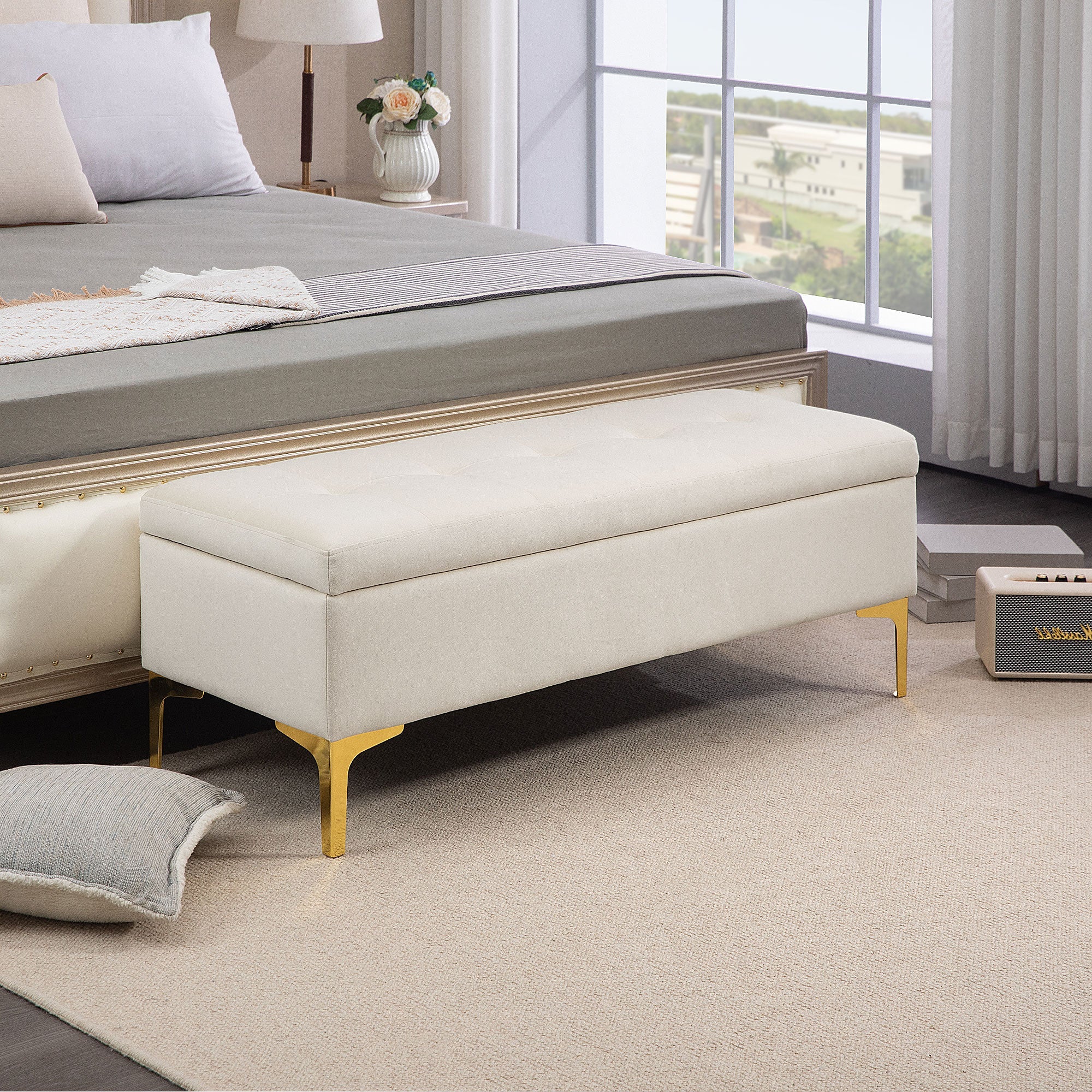 Logidon bank met opbergruimte beige fluweellook 120x44x44,5 cm