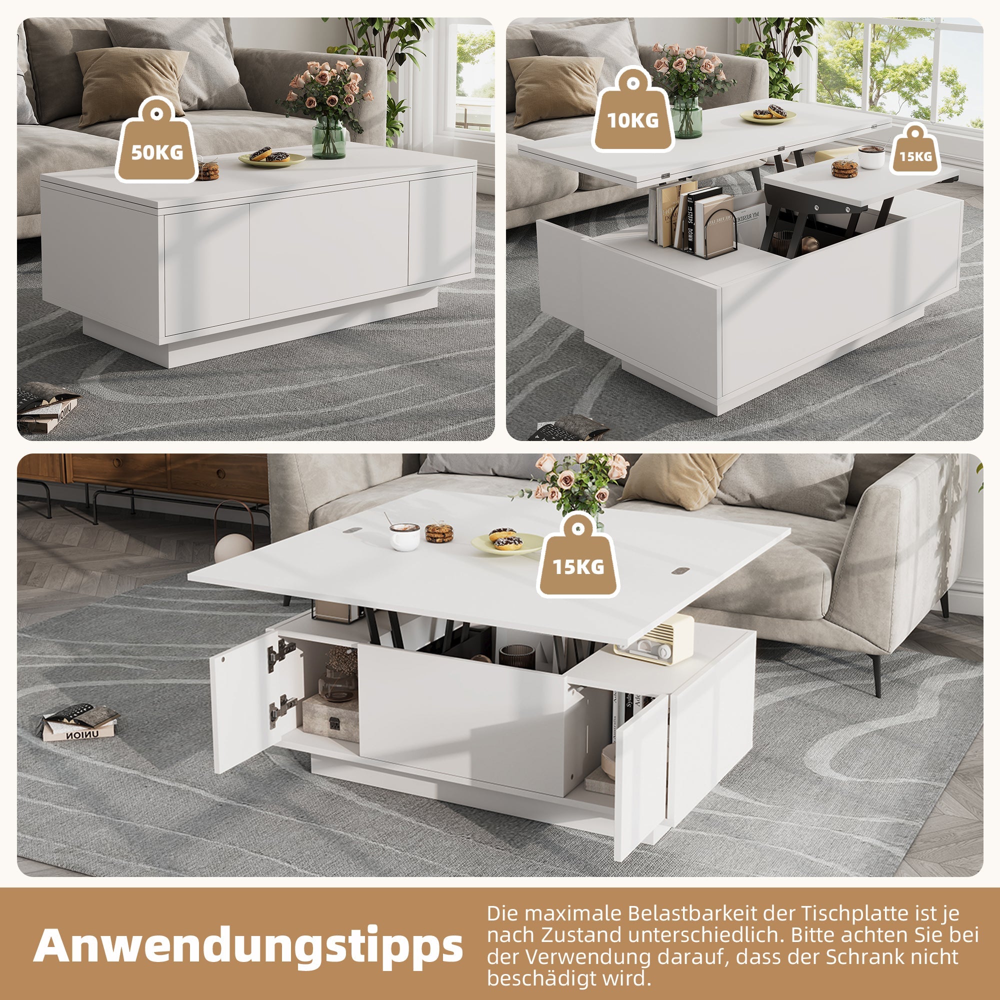 Logidon moderne salontafel met dubbel hefmechanisme, opbergruimte
