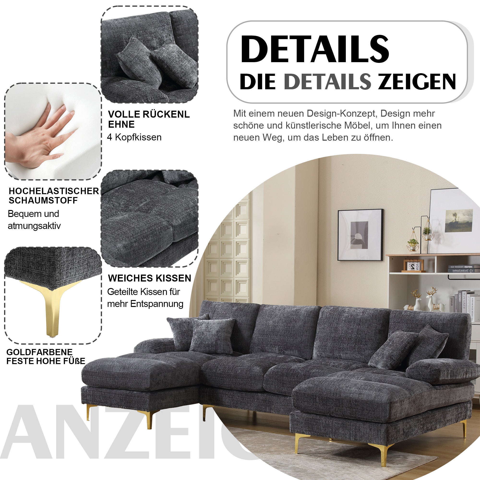 Logidon Modern Chenille U Shape Sectional Sofa Gray Double Berths