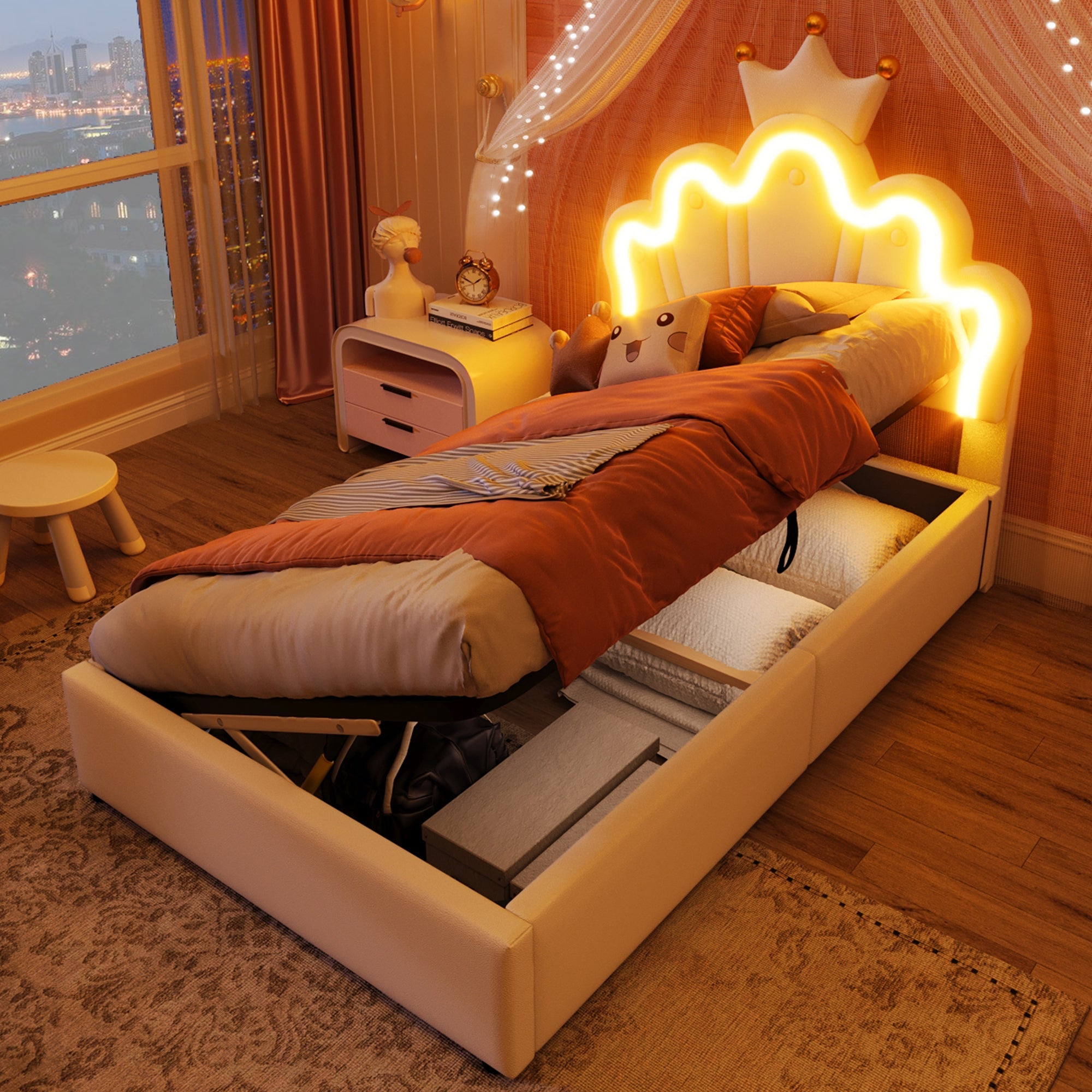 Logidon prinsessenbed 90x200 cm wit kunstleer LED-verlichting