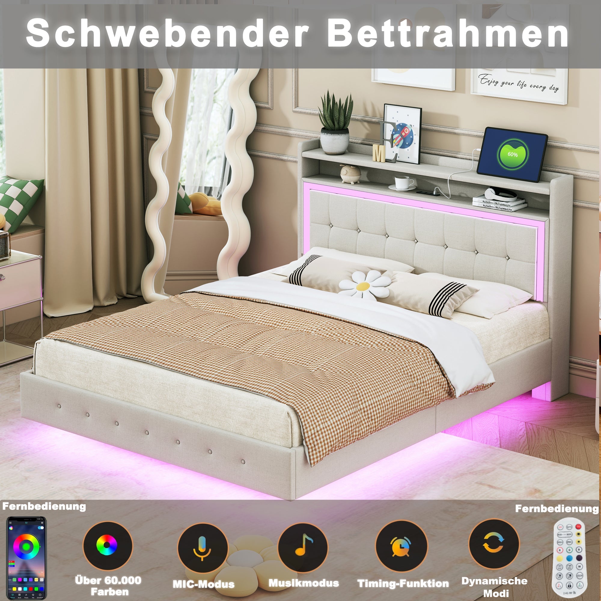 Logidon gestoffeerd bed 140x200 beige linnen met USB-aansluiting LED-verlichting