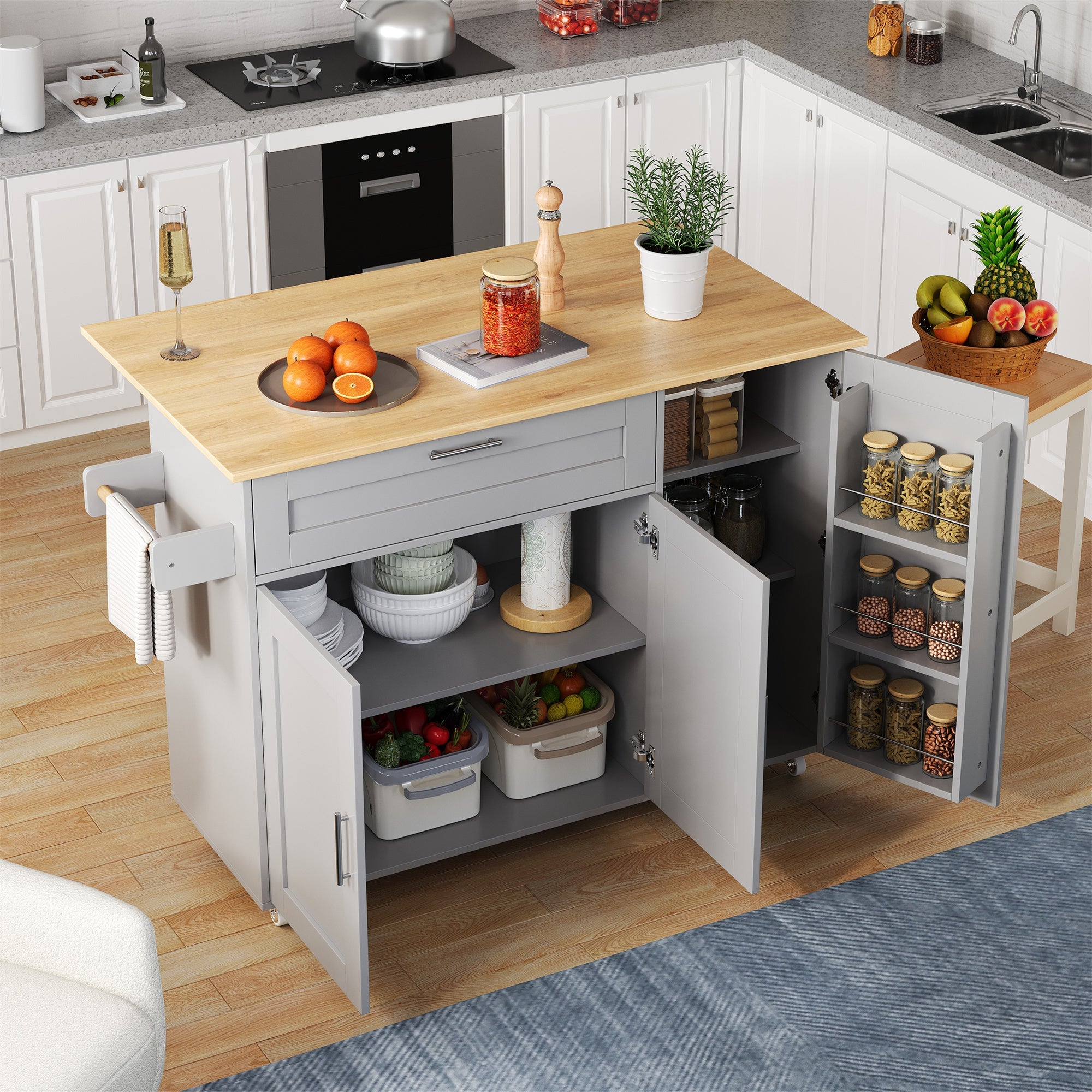 Logidon mobile kitchen table with folding top oak grain