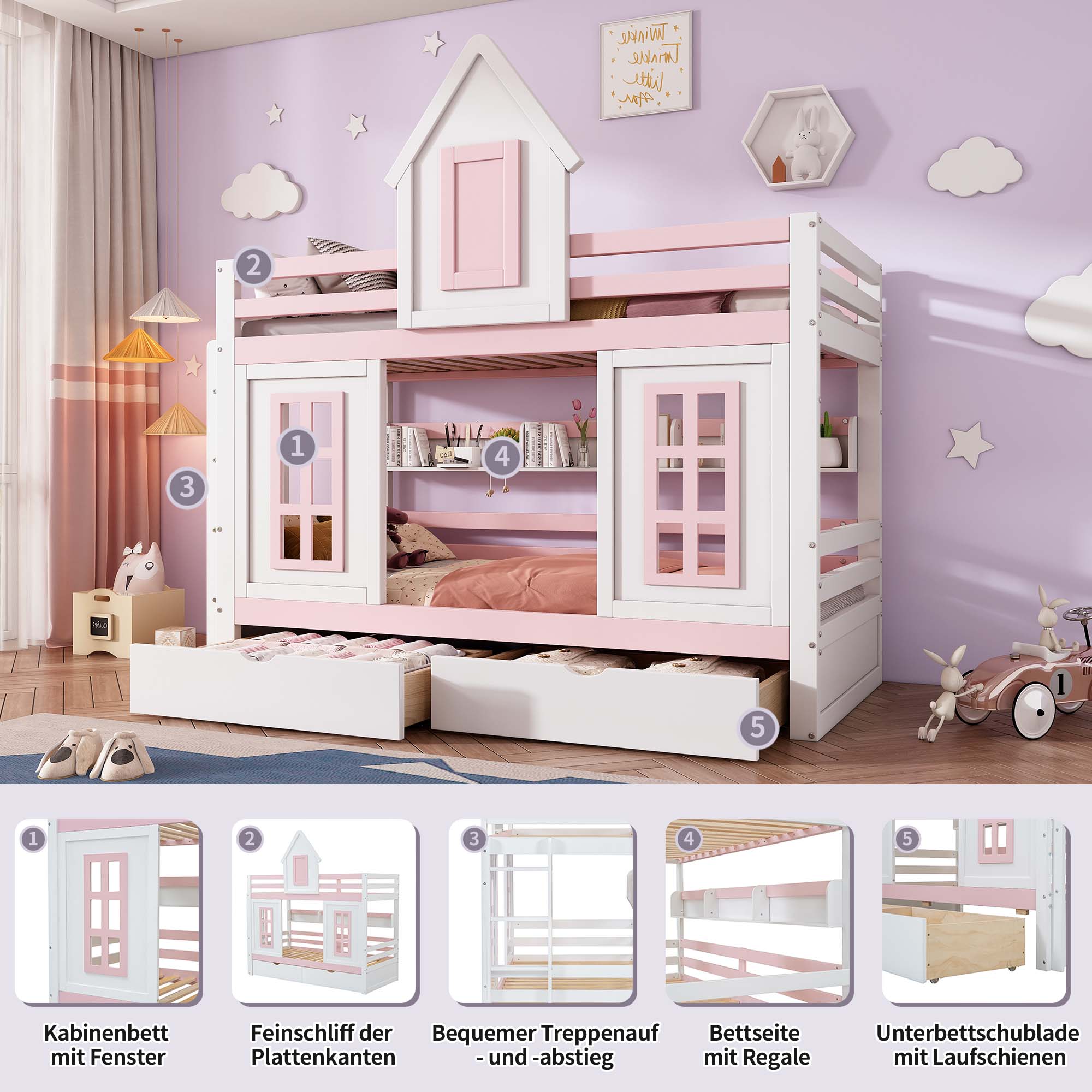 Logidon stapelbed prinsessenbed 90x200 wit roze
