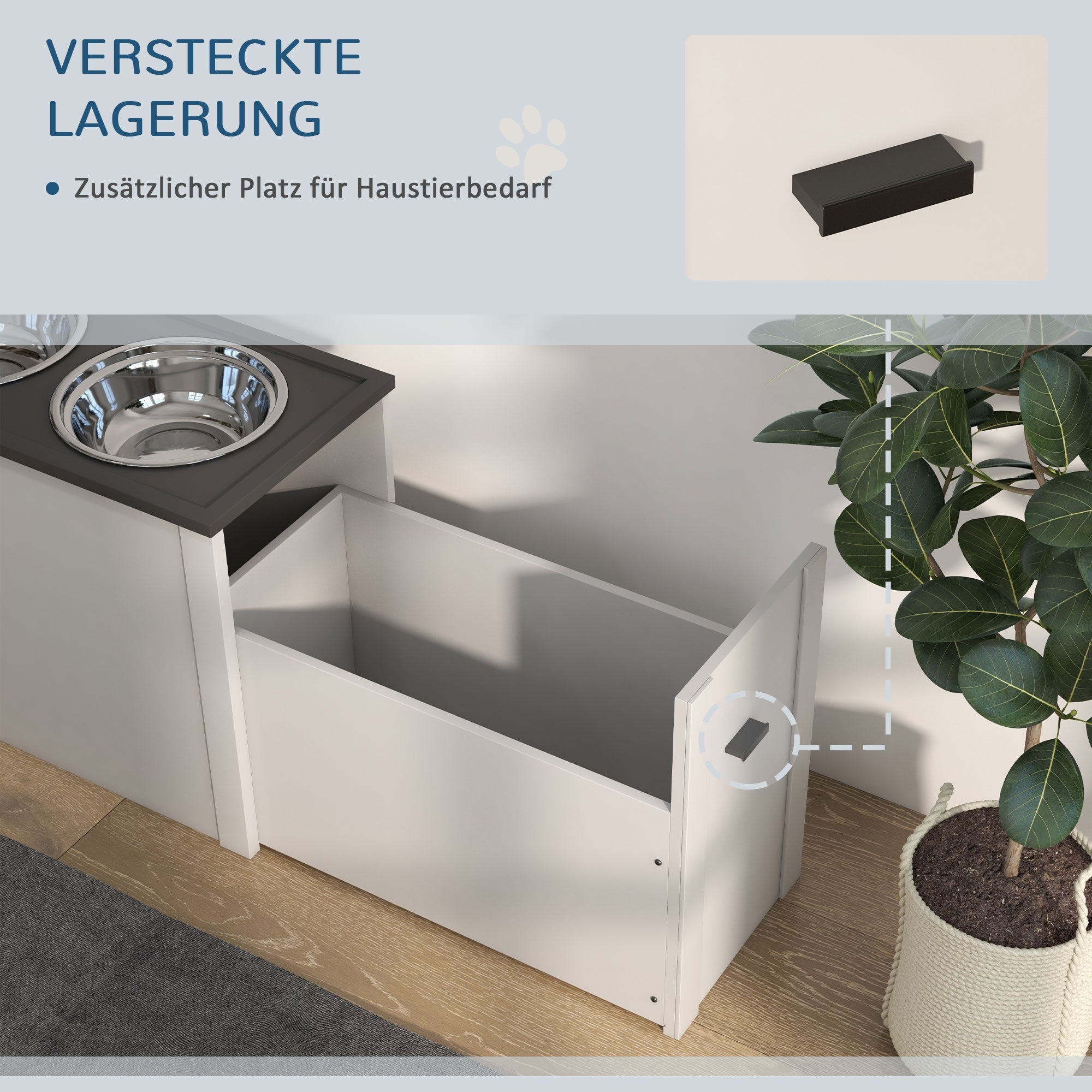 Logidon hondenbakstation wit met opbergruimte en 2 RVS voerbakken
