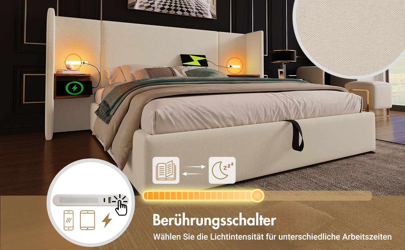 Logidon upholstered bed 160x200 double bed beige linen with storage space