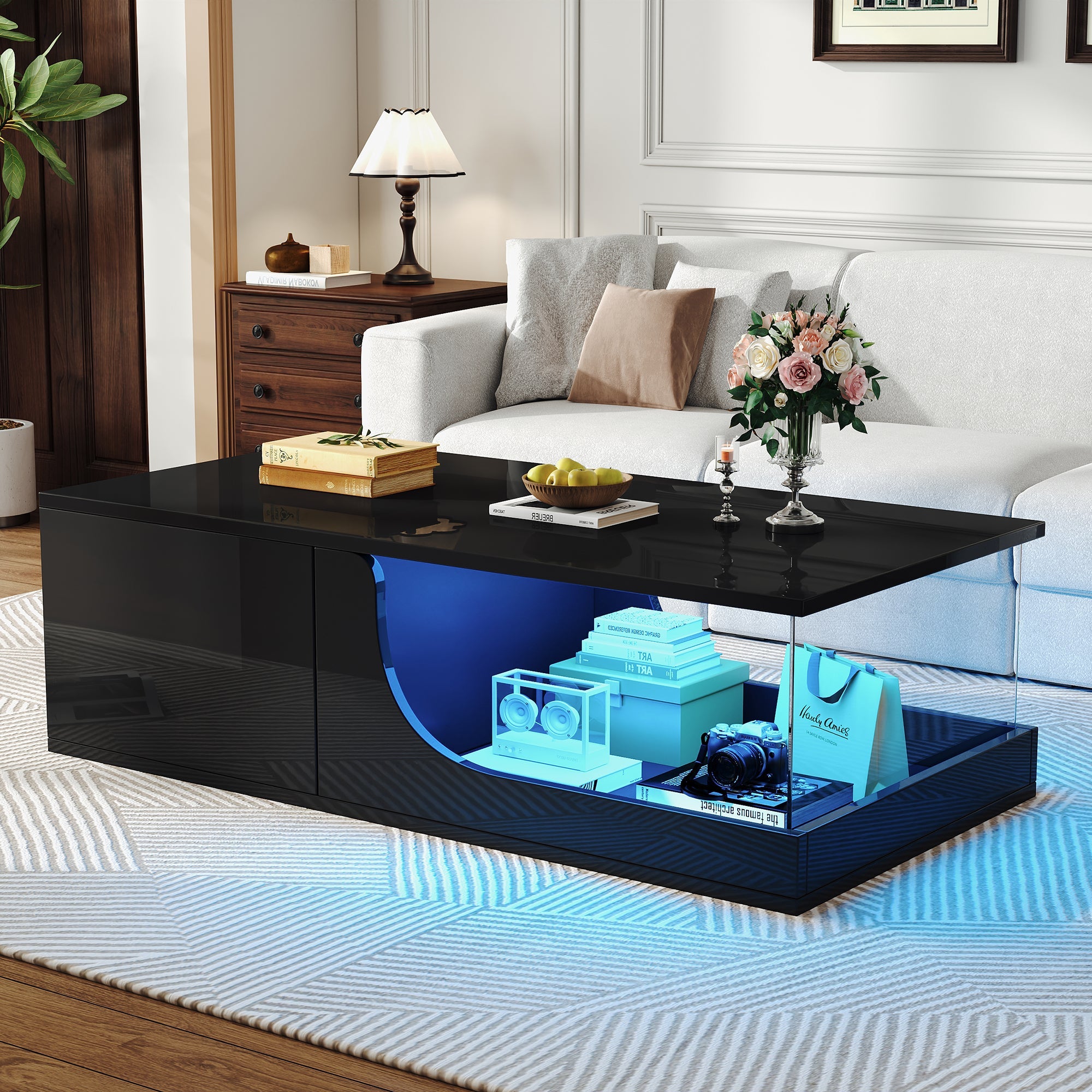 Logidon Zwarte hoogglans salontafel 100x50x30 cm LED-verlichting