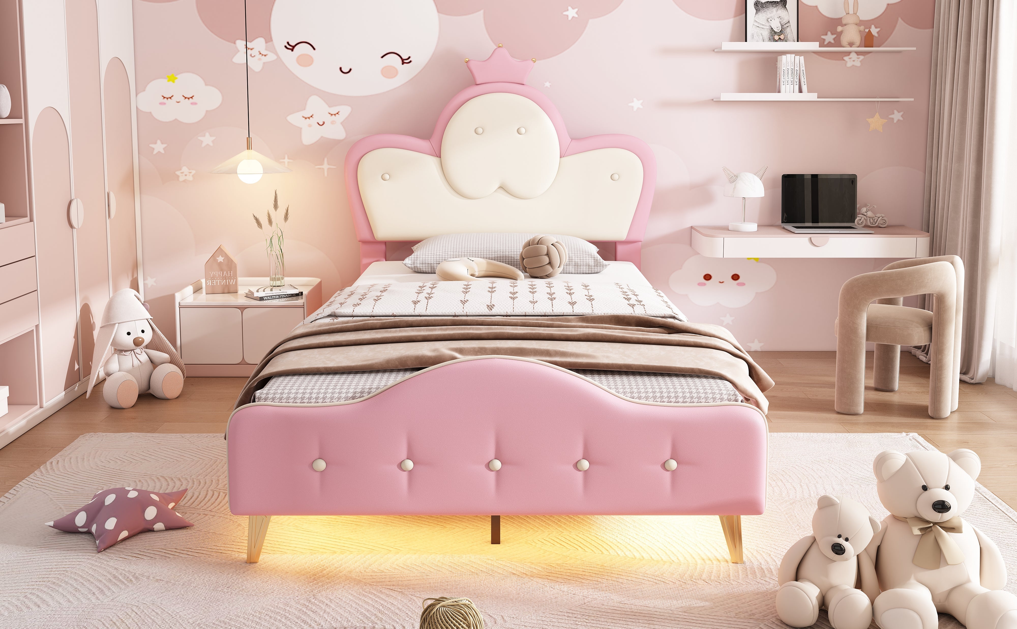 Logidon gestoffeerd bed kinderbed roze wit 90x200 met kroonhoofdbord