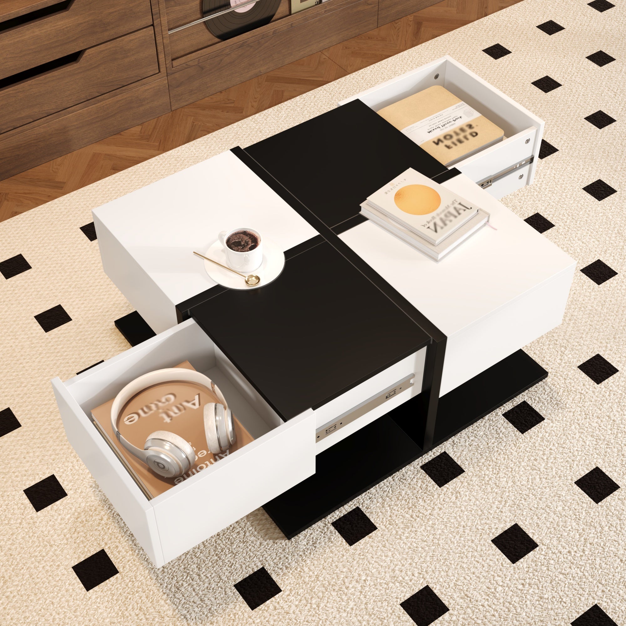 Logidon Moderne Salontafel Zwart Wit 70x70x35,5 cm Met 2 Laden