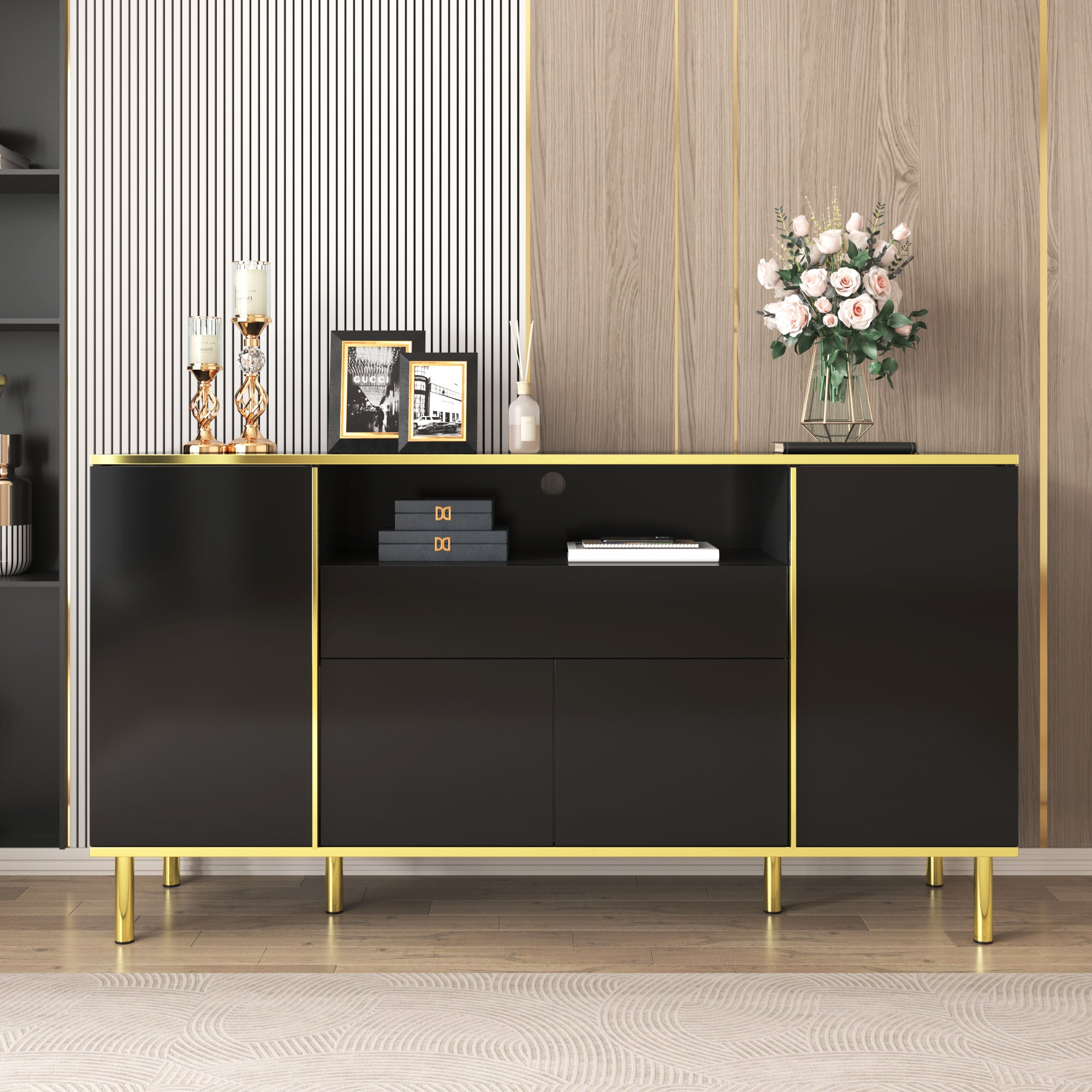 Logidon high-gloss sideboard black 150x40x80 with LED accents