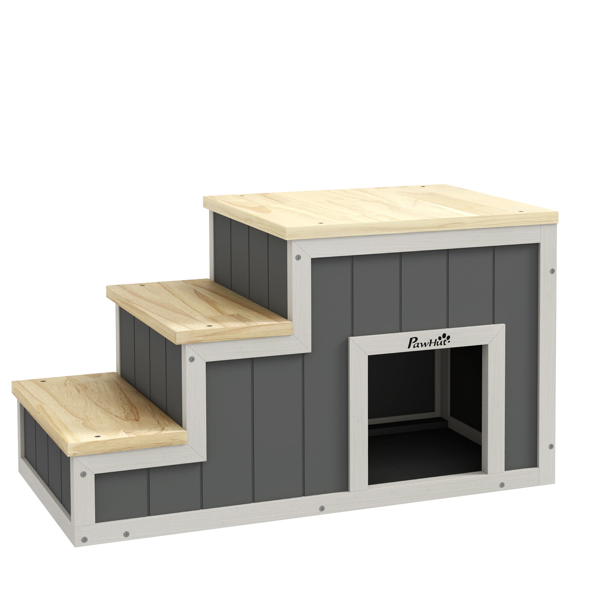 Logidon PawHut 2-in-1 hondentrap met grot 3 treden natuurlijk hout