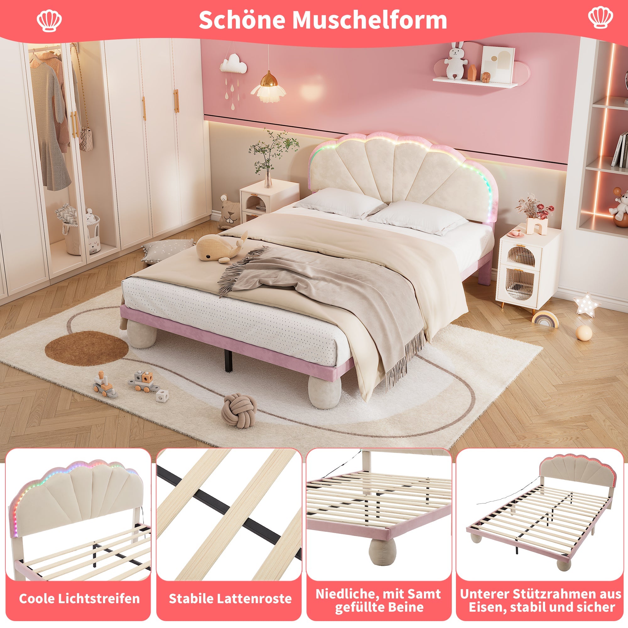 Logidon gestoffeerd bed 140x200 beige roze LED-lichtstrips