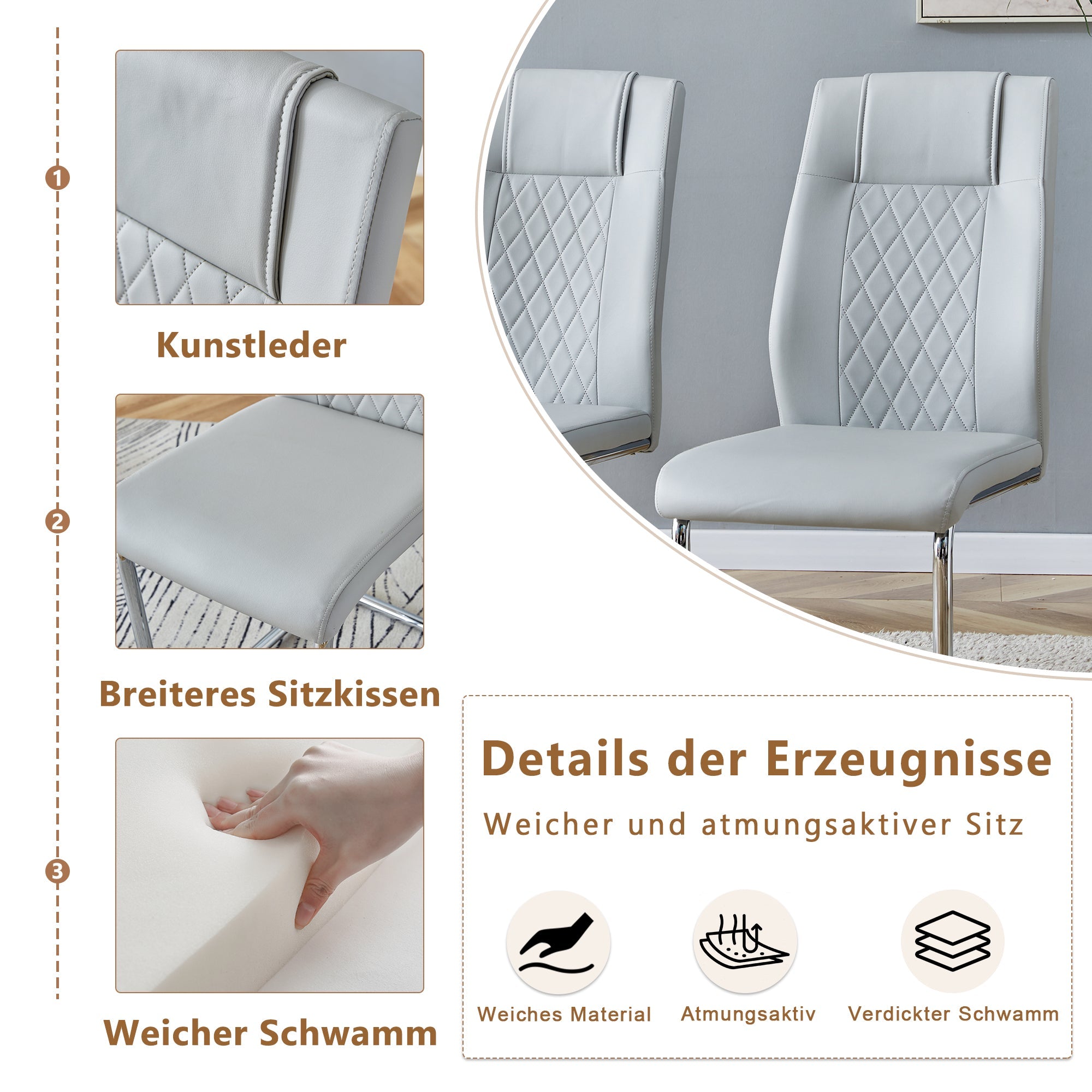 Logidon Scandinavische stijl lichtgrijze PU eetkamerstoelenset met vier stoelen