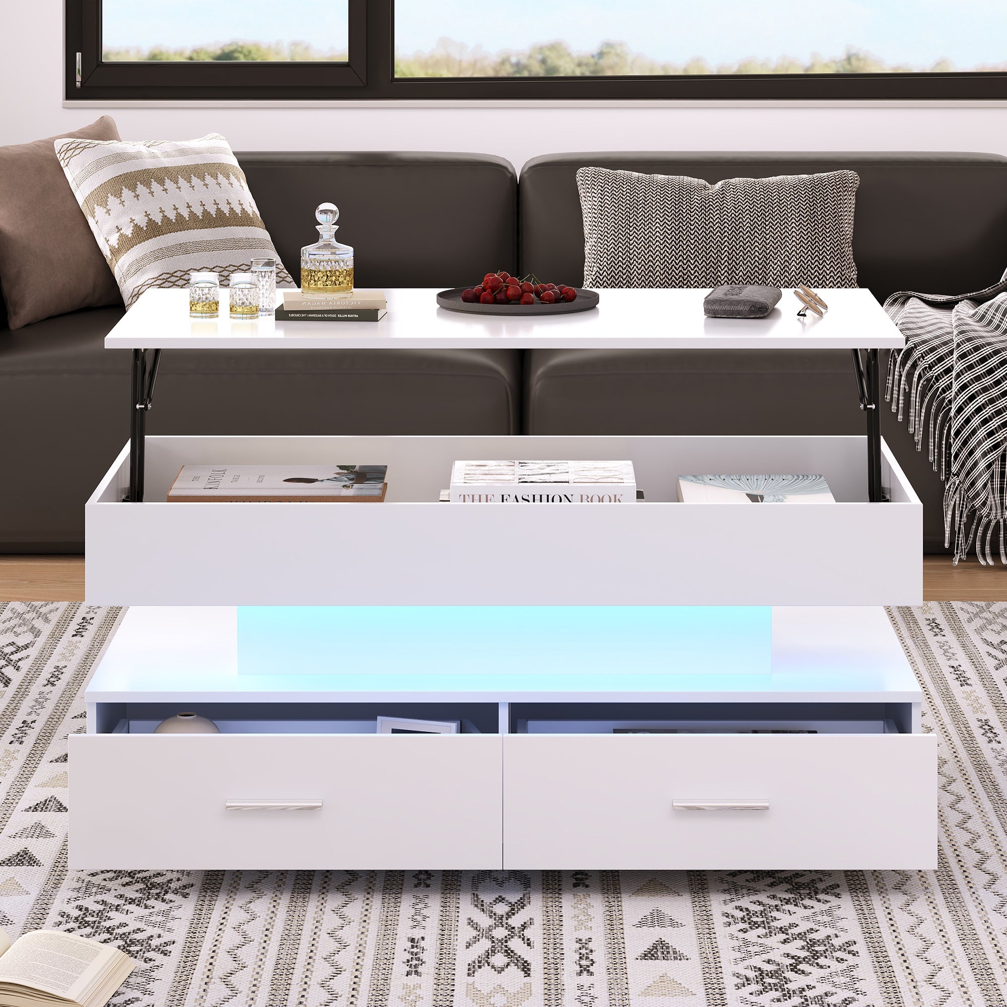 Logidon Hydraulisch in hoogte verstelbare salontafel 100x50x44 cm Wit LED