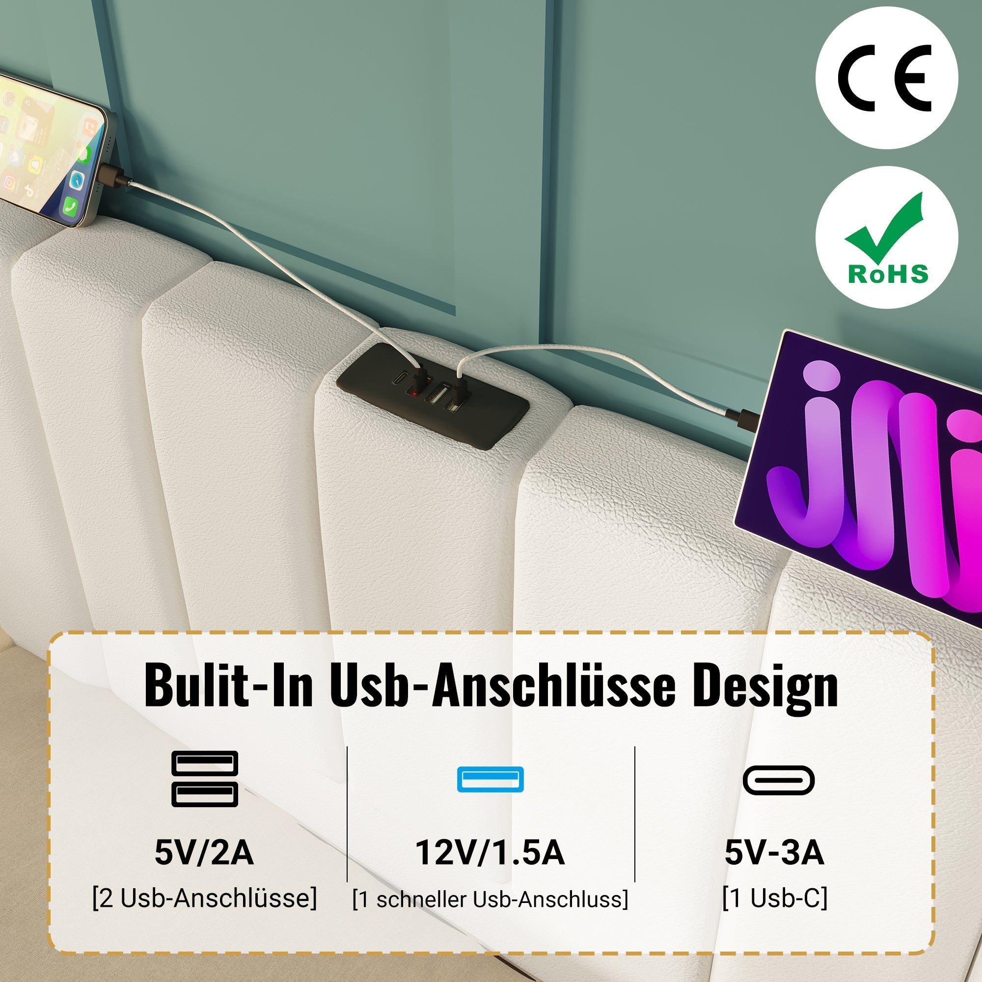 Logidon gestoffeerd bed 160x200 wit met opbergruimte en app-gestuurde LED-verlichting