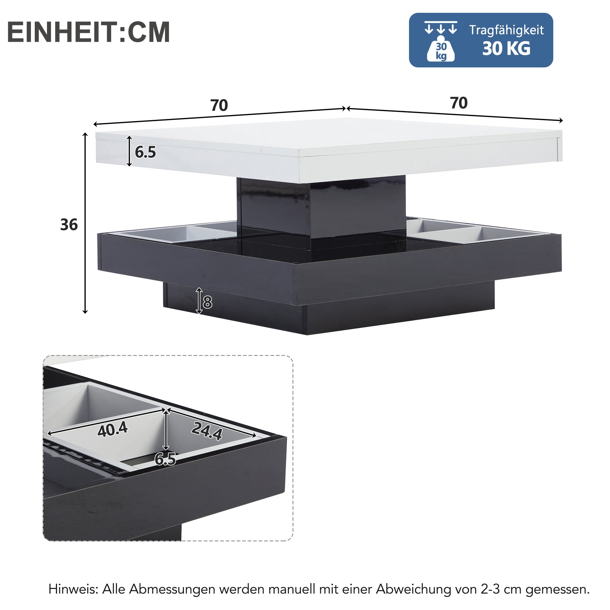 Logidon Draaibare Salontafel Wit Blad Zwart Onderstel 70x70x36