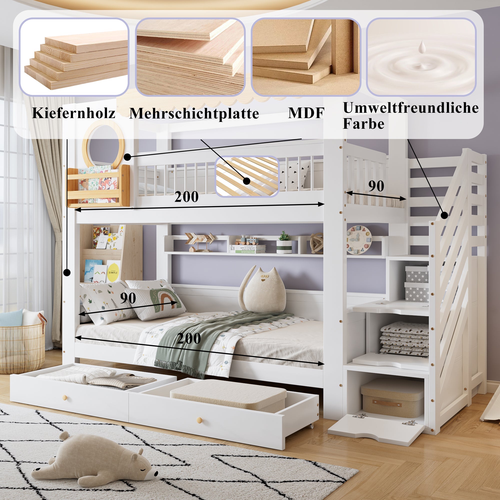 Logidon stapelbed 90x200 cm wit-naturel met trapkast