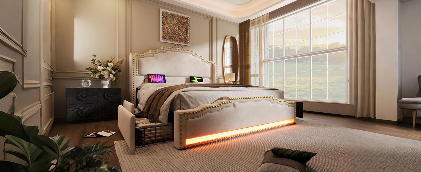 Logidon gestoffeerd bed 140x200 beige LED USB C 4 lades met matras