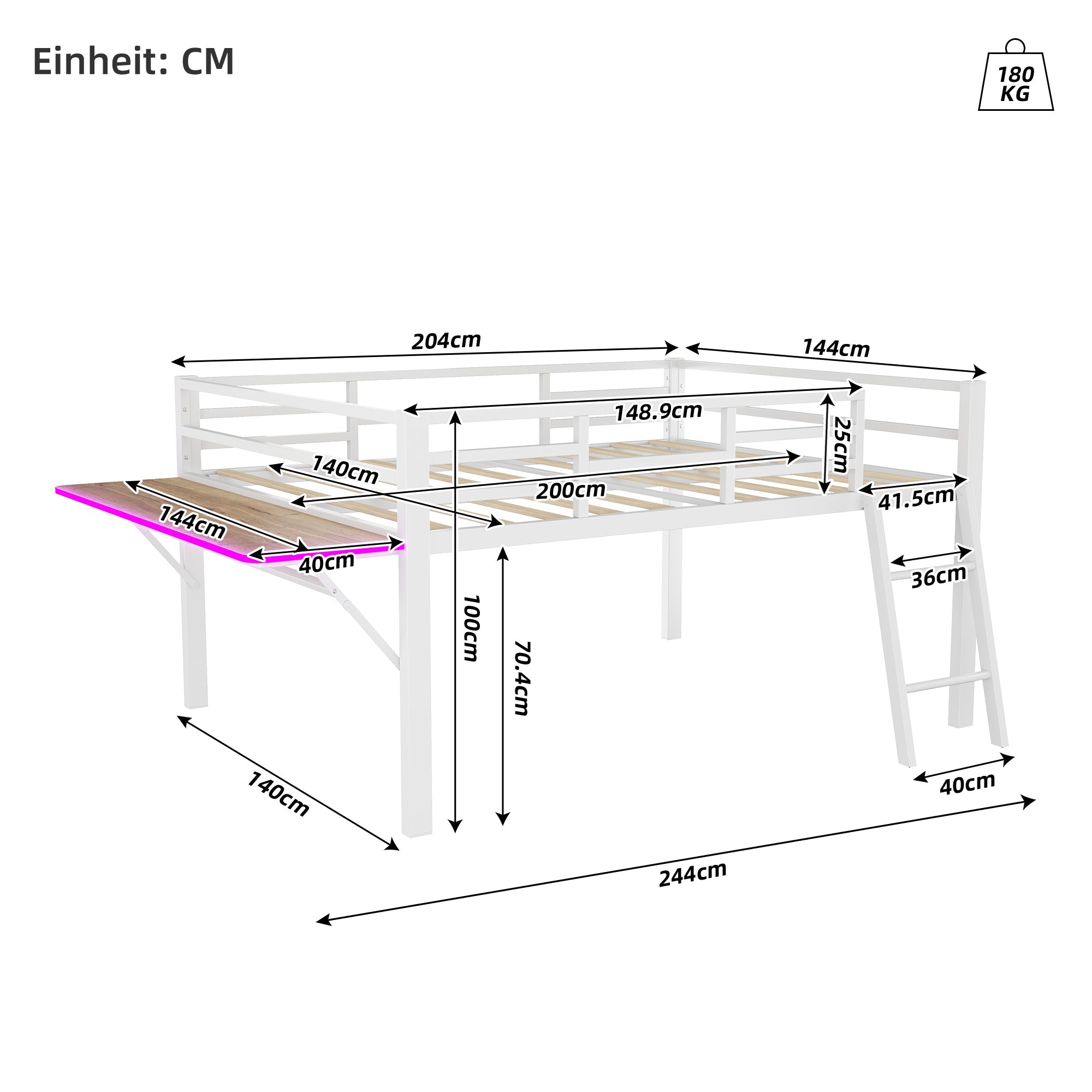 Logidon vlakbed metalen bed 140x200 witte reling LED-lichtstrip