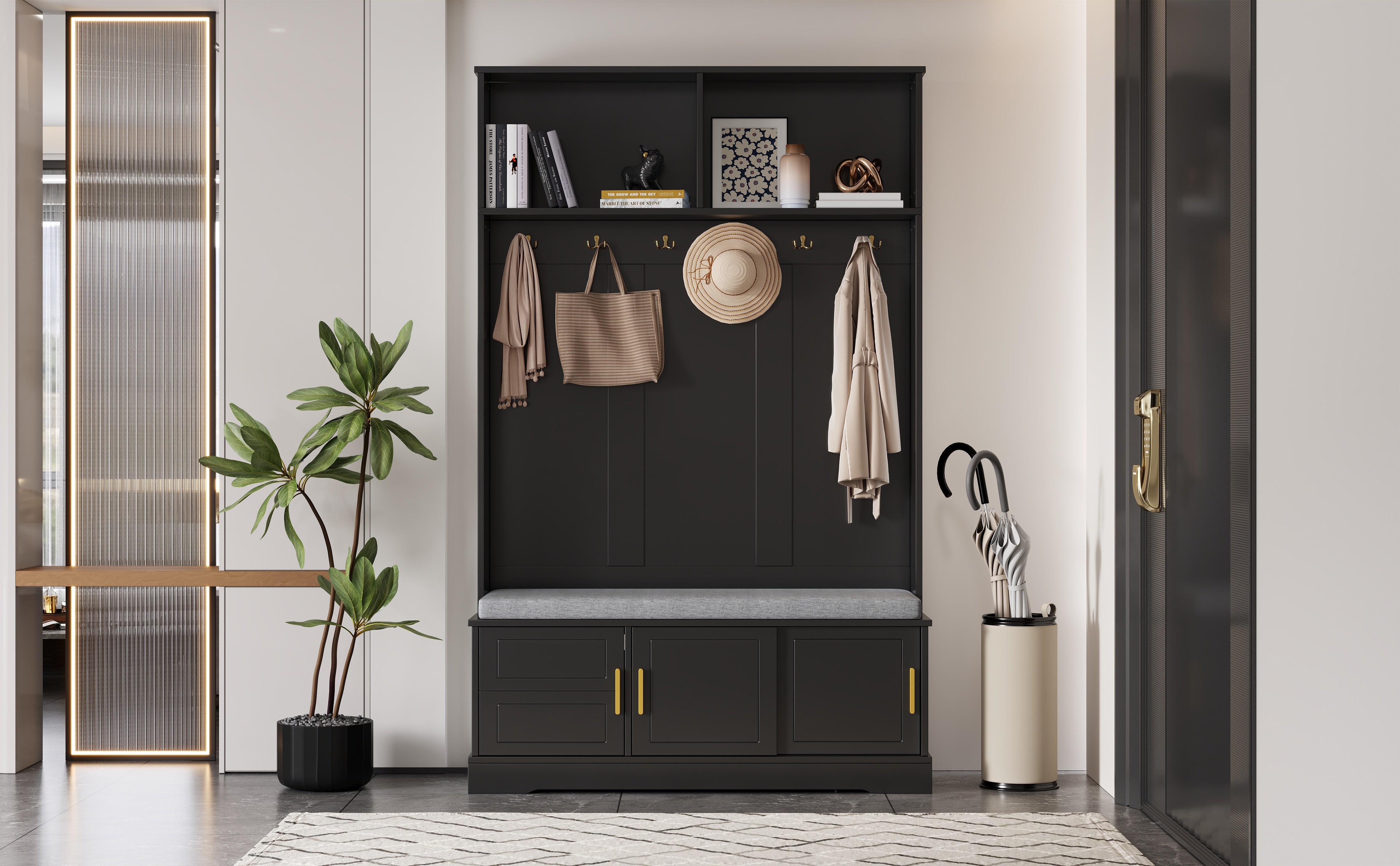 Logidon kapstok schoenenbank met 6 drievoudige haken zwart 120x40x191 cm