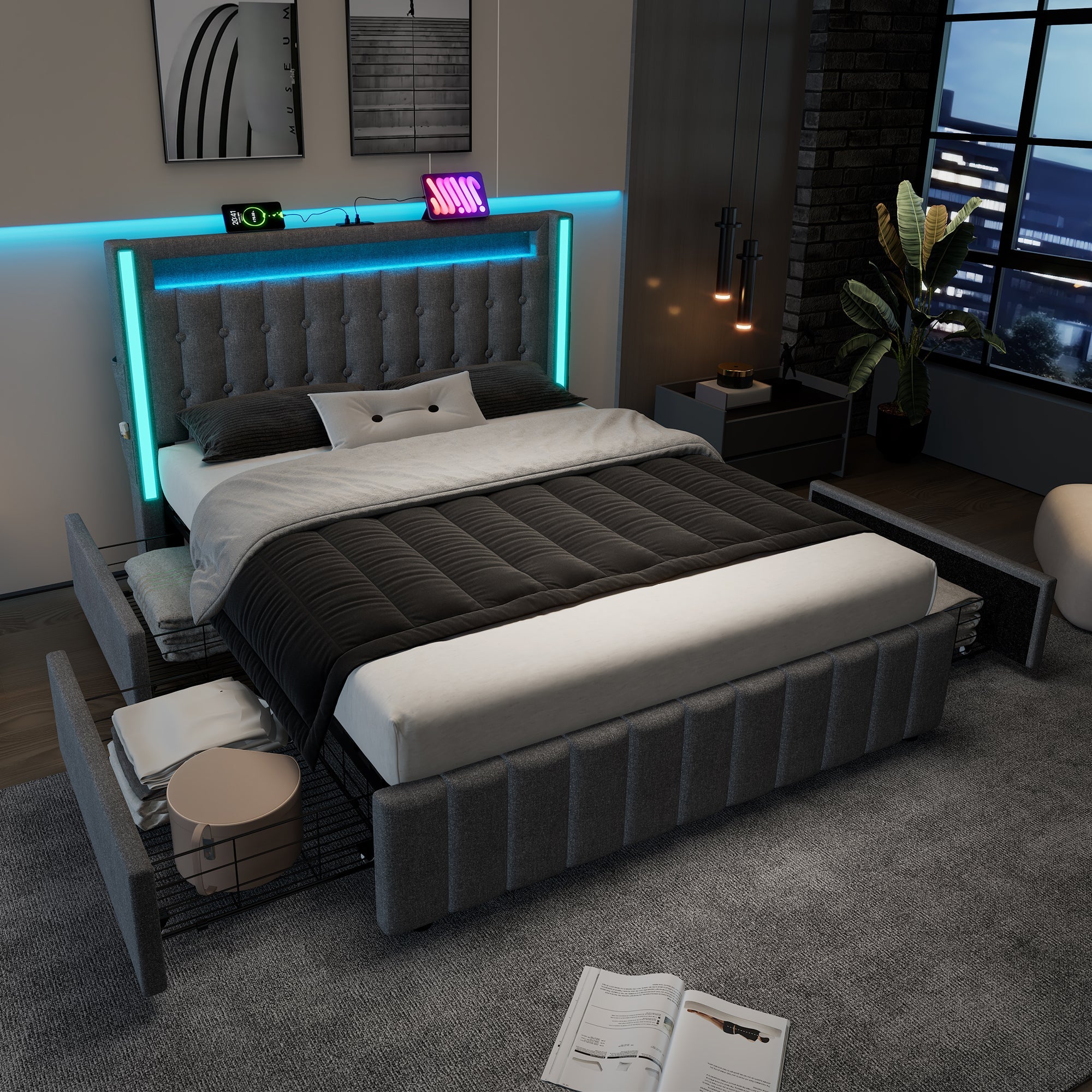 Logidon upholstered bed 140x200 gray USB Type C charging function 4 drawers