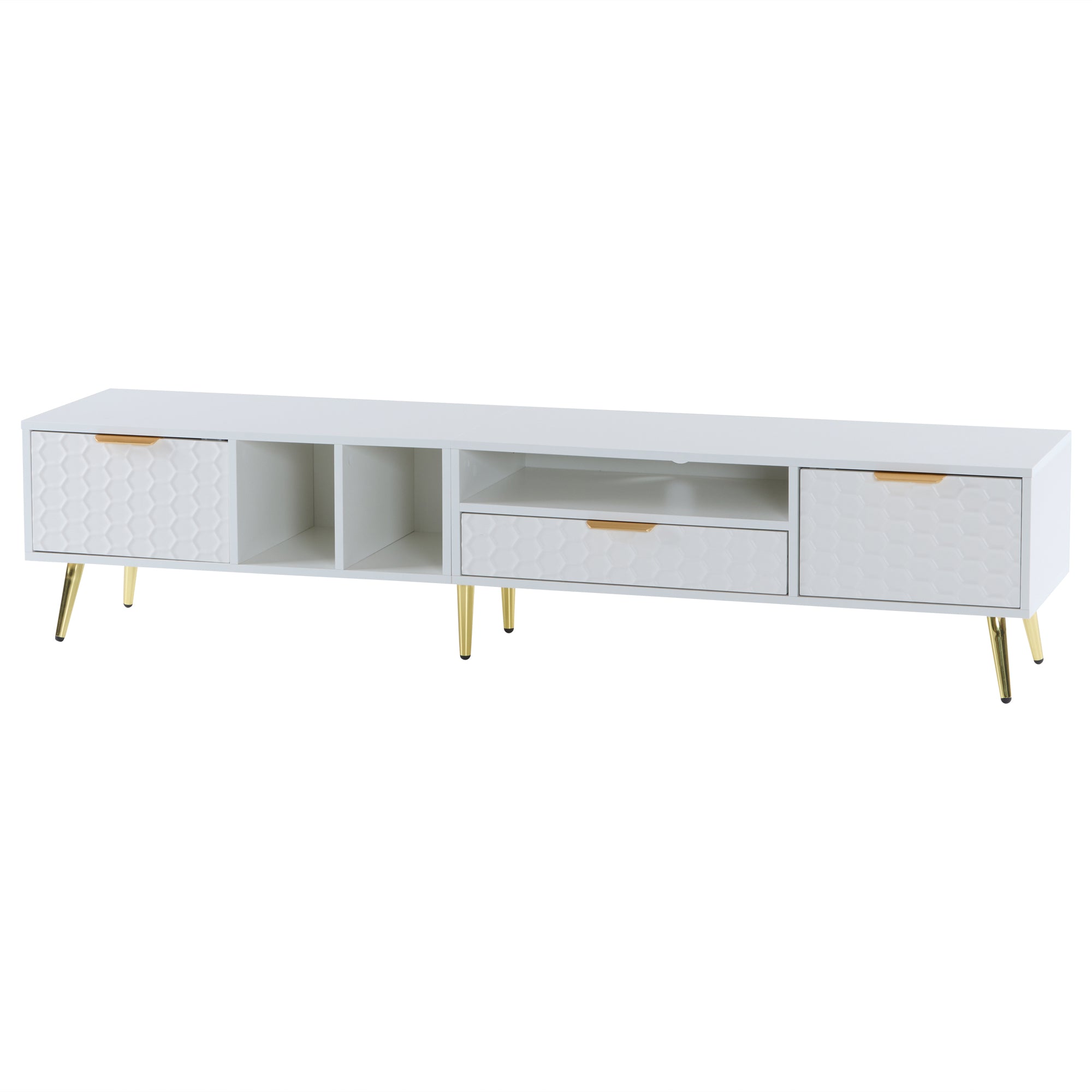 Logidon White TV Stand with Honeycomb Pattern and Storage Space for up to 80 Inches