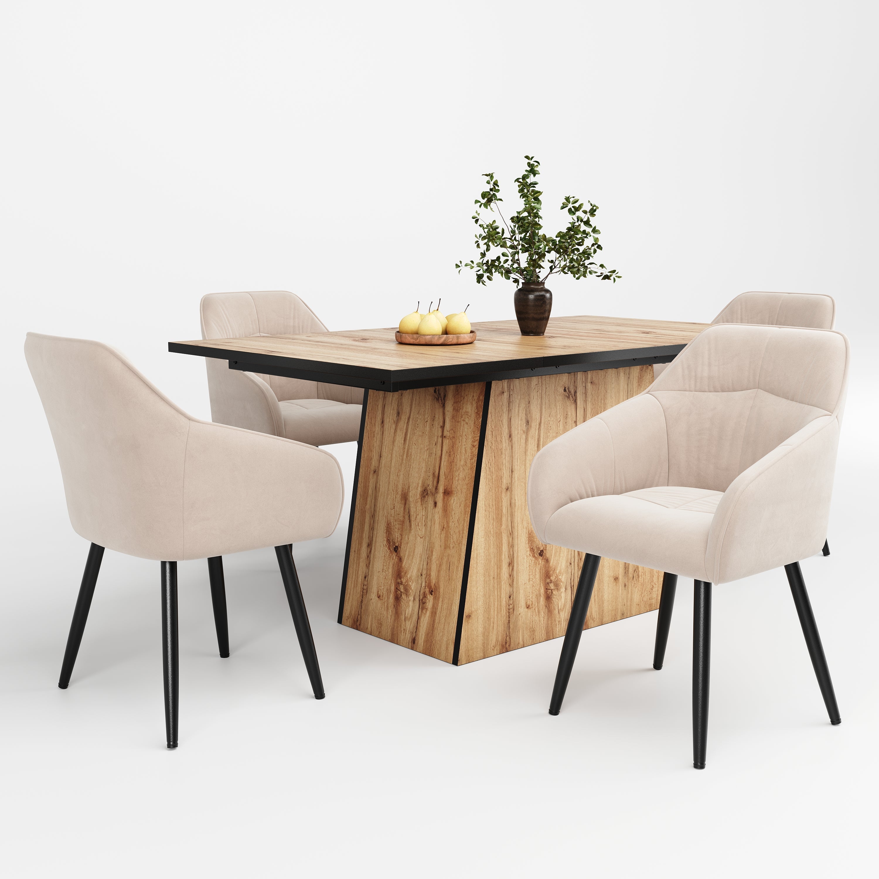 Logidon Dining Table Set 5-Piece Beige Velvet Chairs Wood Grain Table