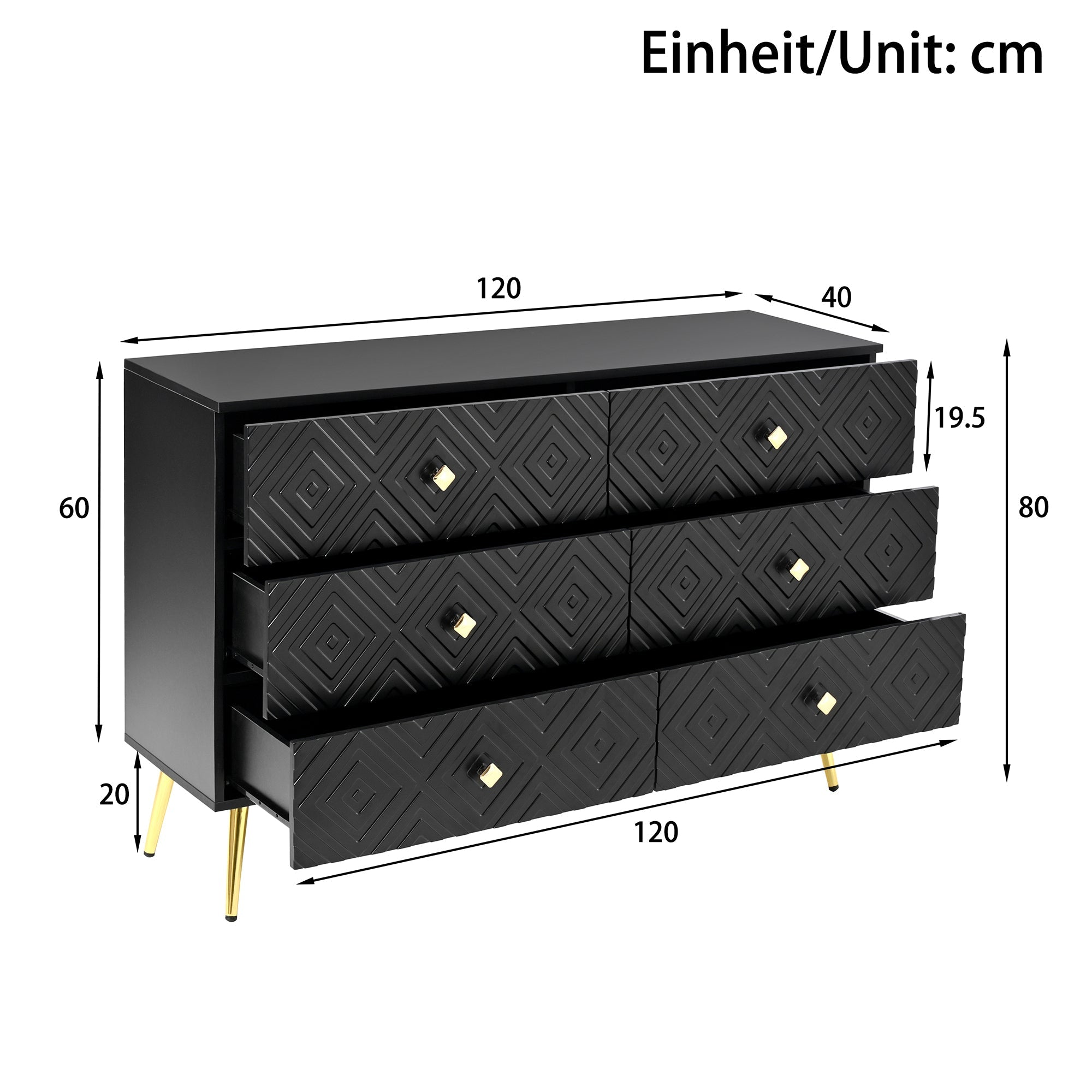Logidon Ladekast 6 lades zwart goud moderne stijl 120x40x80 cm