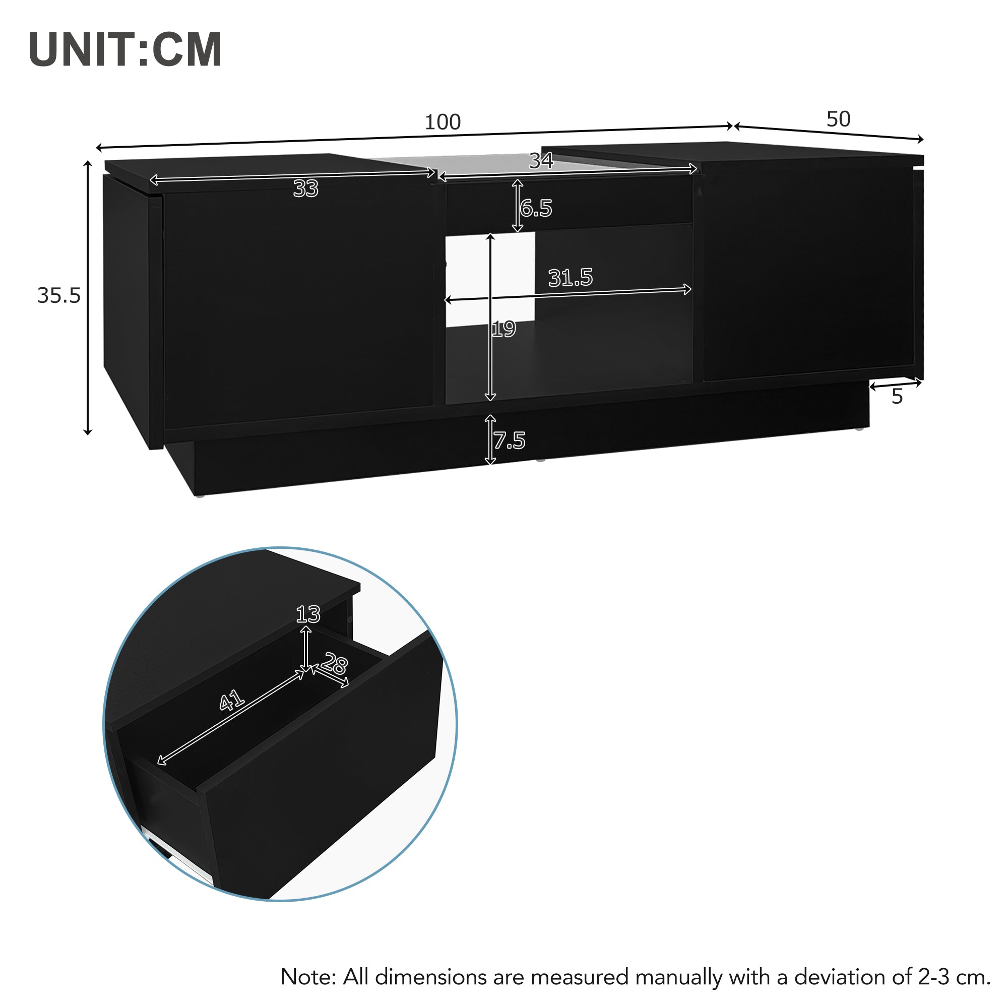 Logidon Zwarte salontafel 100x50x35,5 cm glaspanelen LED