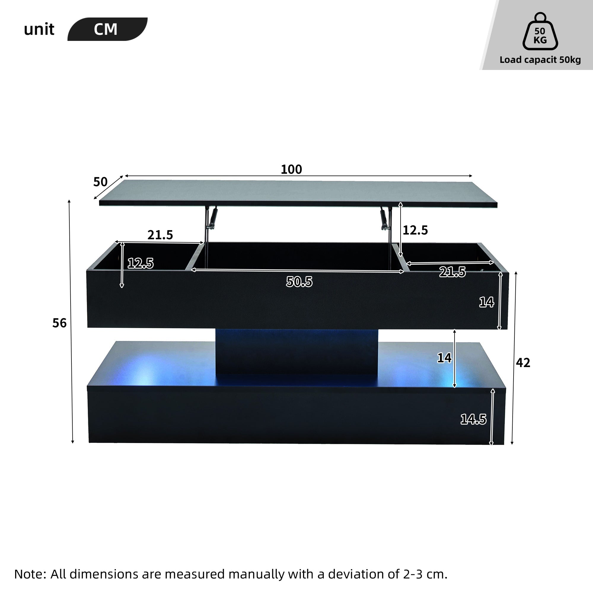 Logidon LED Salontafel met verborgen opbergruimte 100x50 cm Zwart