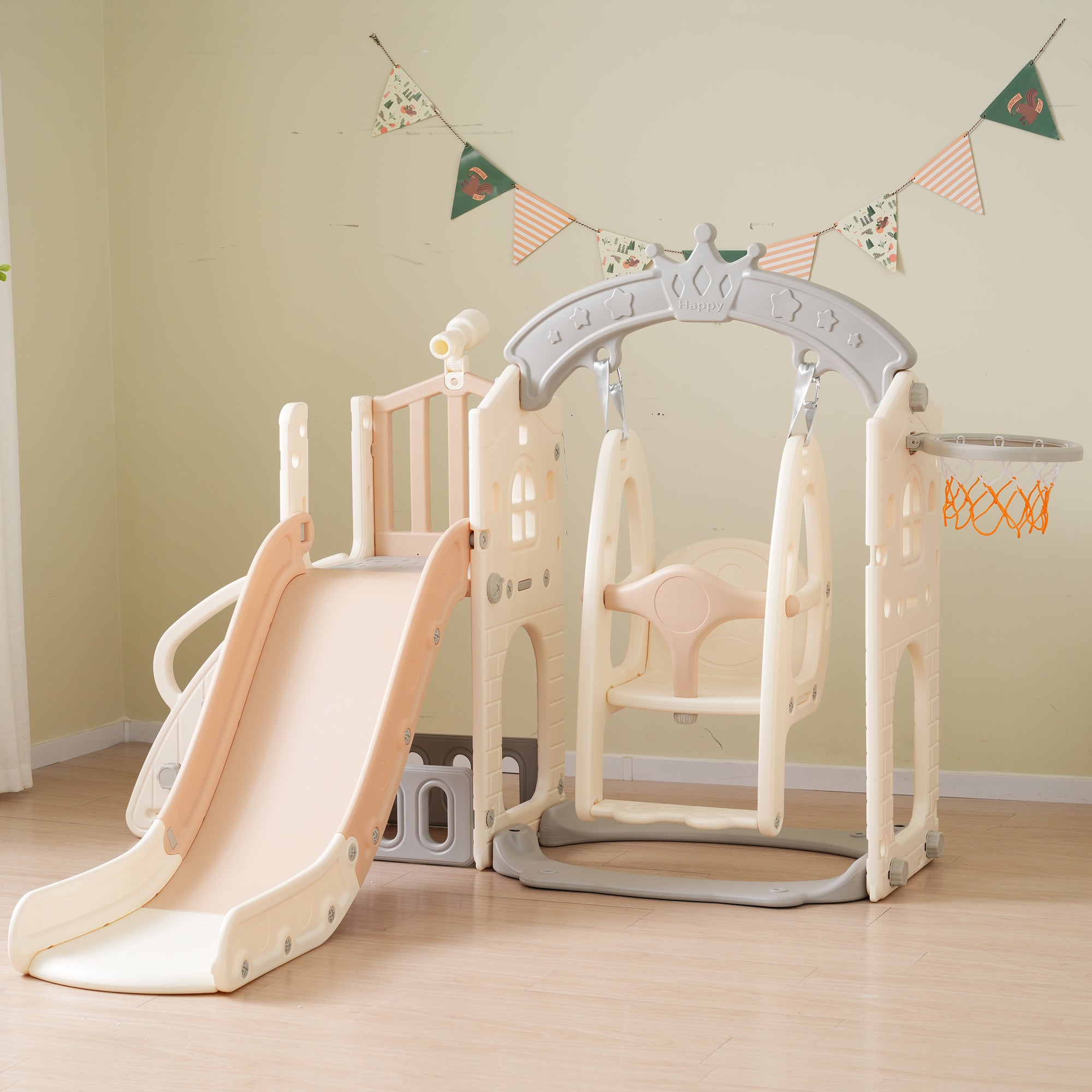 Logidon 5-in-1 kinderspeelset bruin antiek wit schommelglijbaan